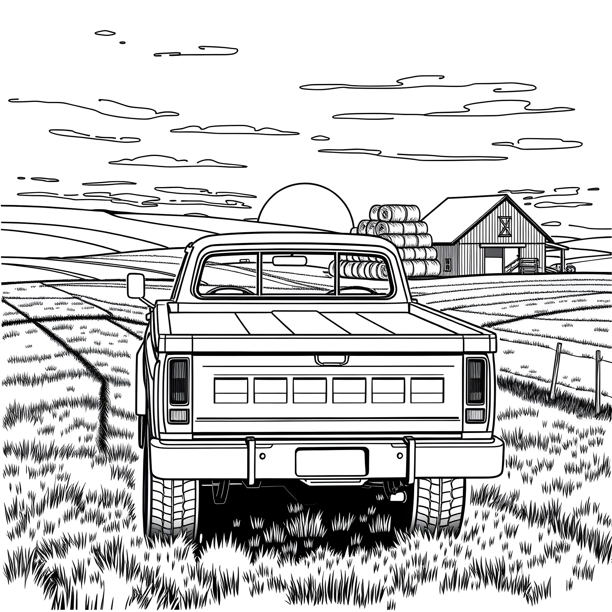 Truck driving through rural landscape Coloring Page (free black-and-white line drawing printable PDF for all, from beginners to advanced learners, including children, teens, adults, and seniors)