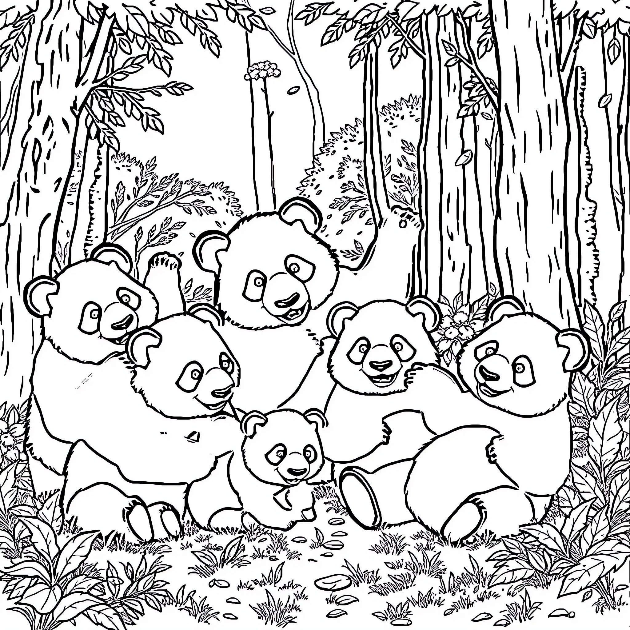 Panda family playing in the forest Coloring Page (free black-and-white line drawing printable PDF for all, from beginners to advanced learners, including children, teens, adults, and seniors)