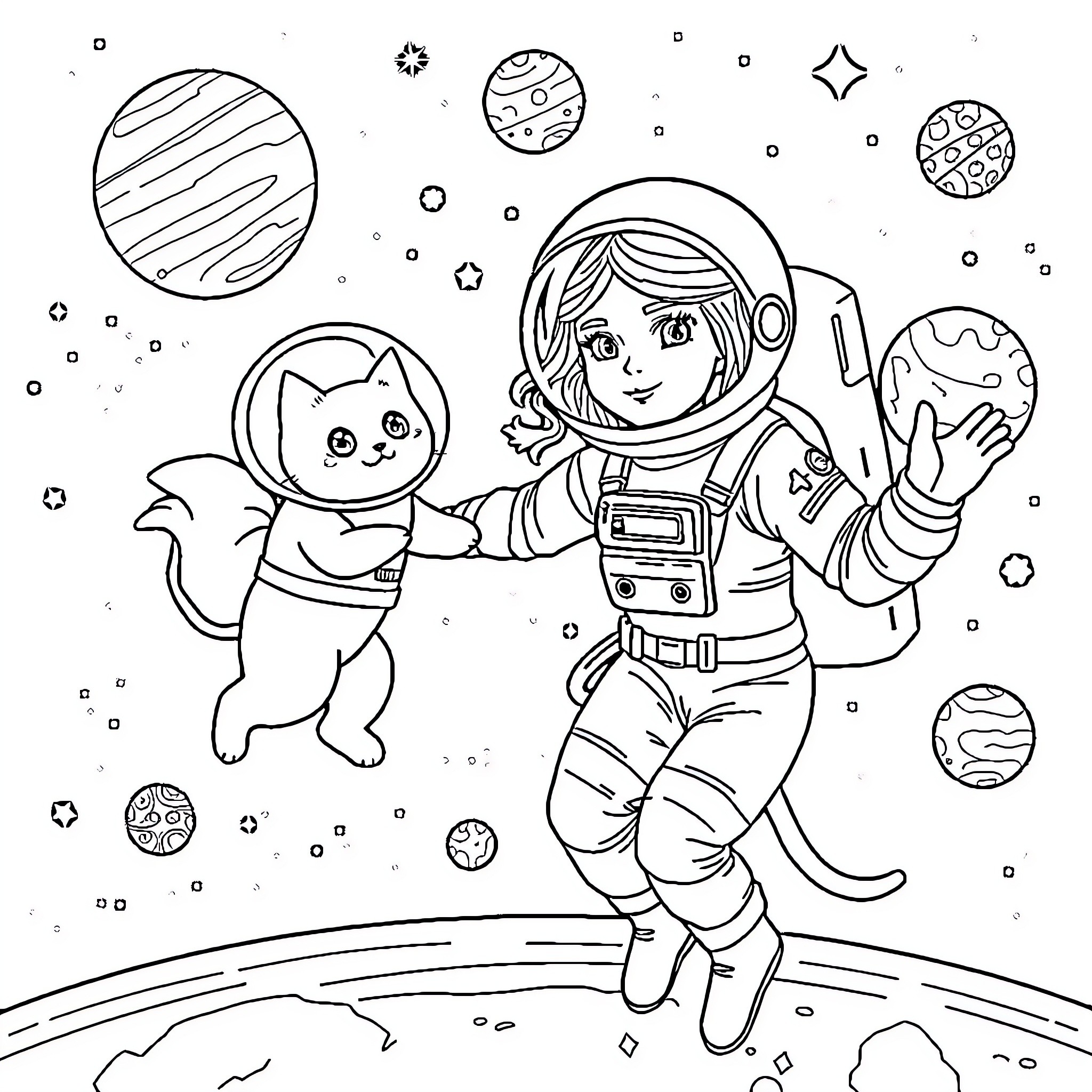 Astronaut and cat exploring space together Coloring Page (free black-and-white line drawing printable PDF for all, from beginners to advanced learners, including children, teens, adults, and seniors)