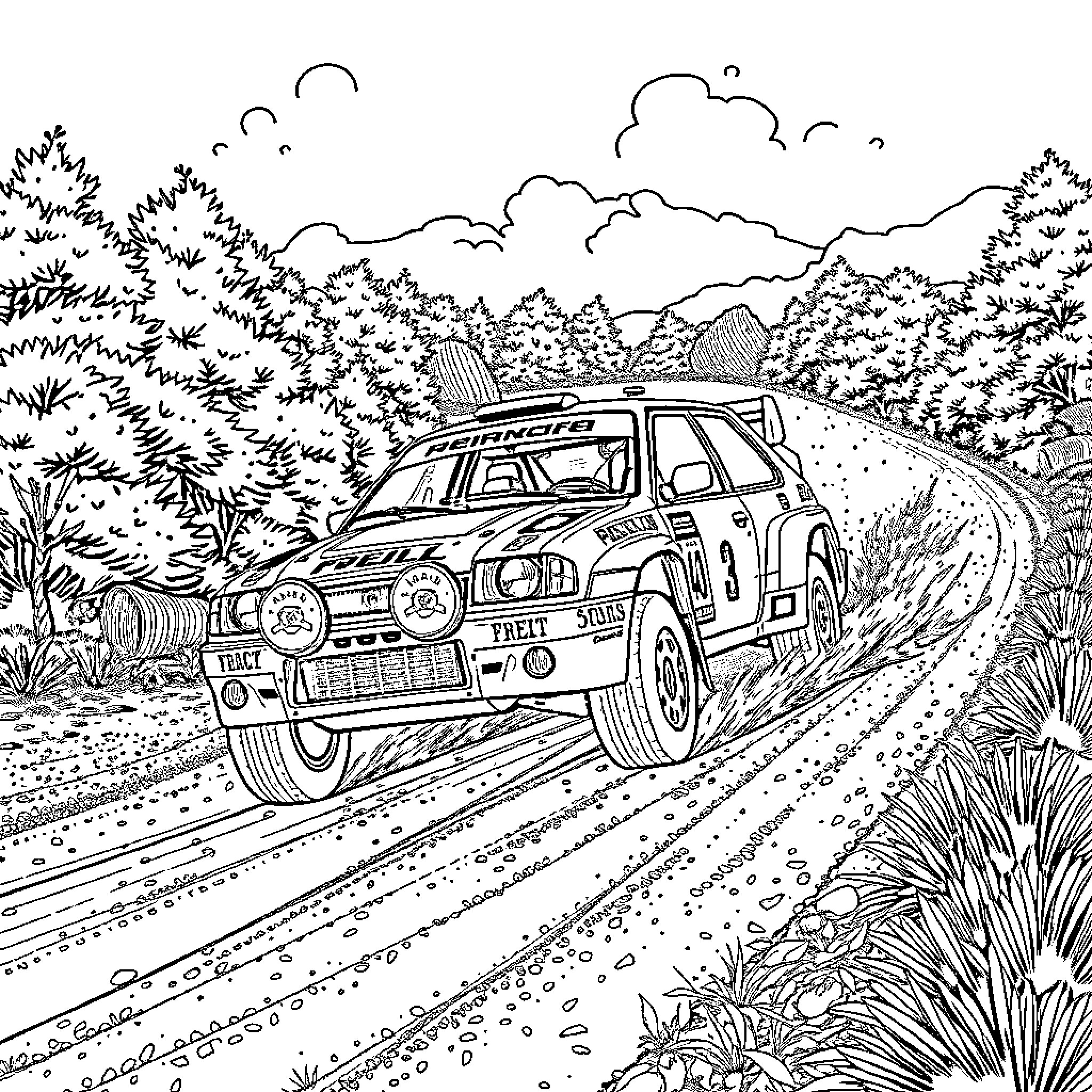 Rally Car Speeding Through Winding Mountain Road Coloring Page (free black-and-white line drawing printable PDF for all, from beginners to advanced learners, including children, teens, adults, and seniors)