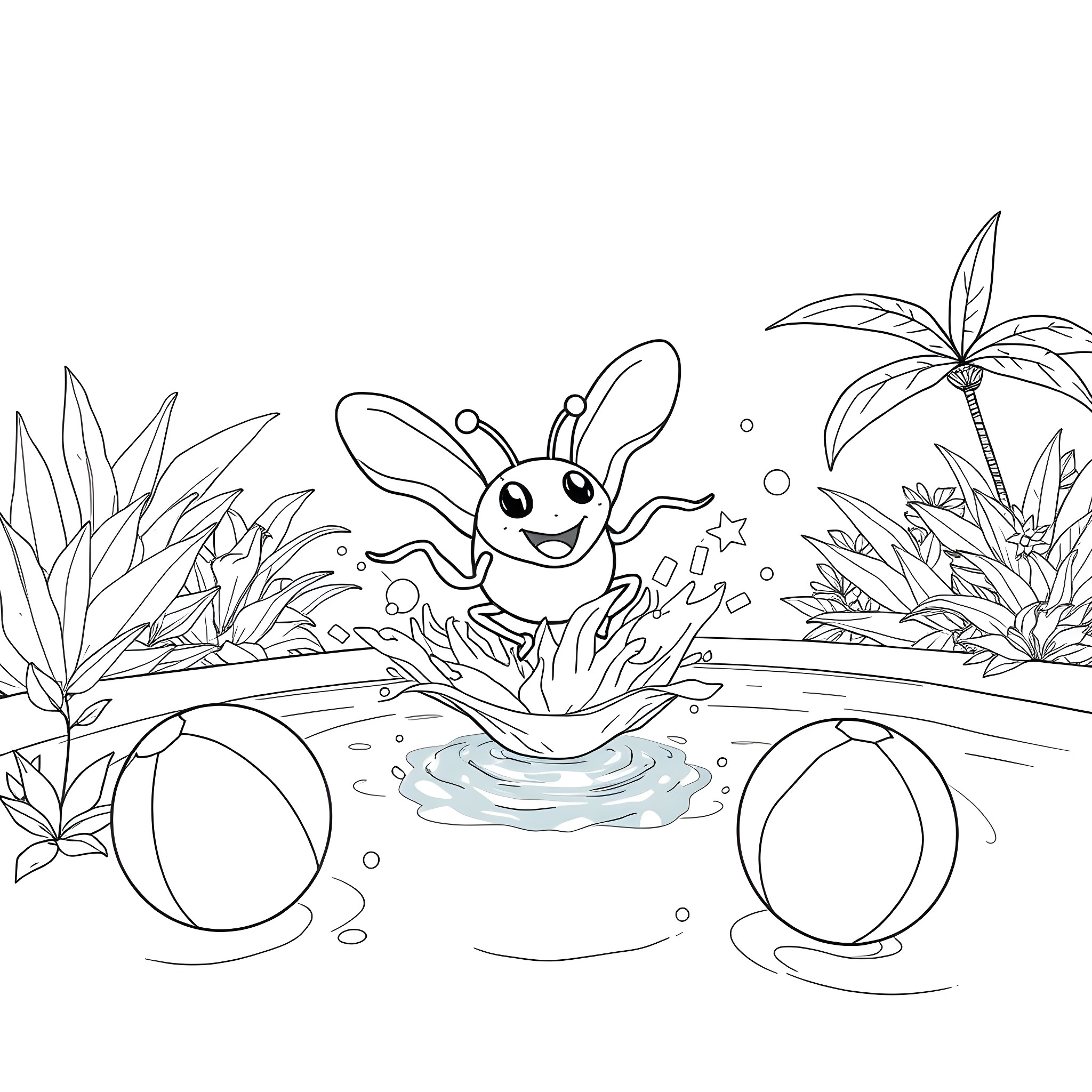 Goldbug Frolicking in the Tropical Pond Coloring Page (free black-and-white line drawing printable PDF for all, from beginners to advanced learners, including children, teens, adults, and seniors)