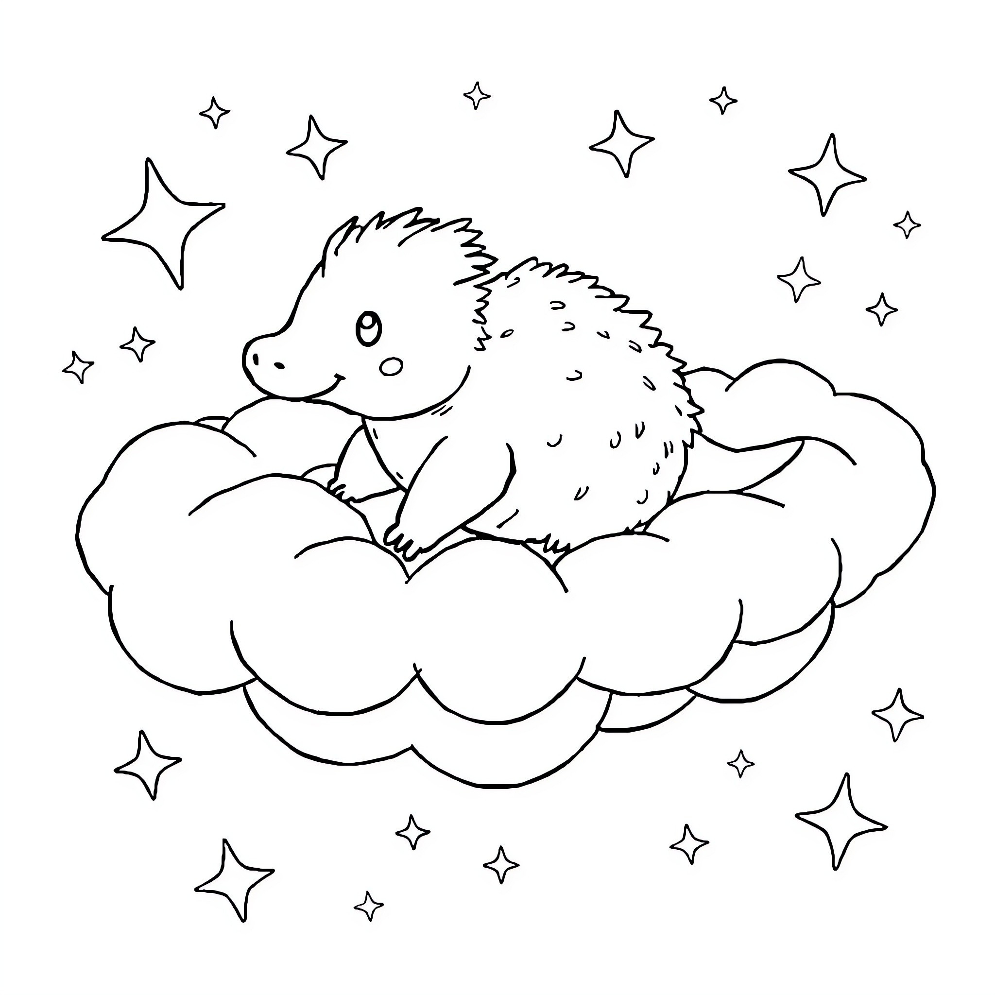 Platypus resting peacefully on a fluffy cloud Coloring Page (free black-and-white line drawing printable PDF for all, from beginners to advanced learners, including children, teens, adults, and seniors)