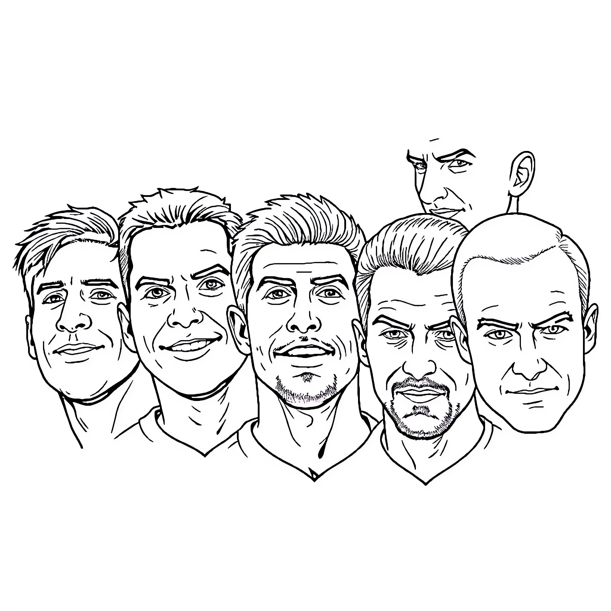 Footballer teammates in animated portrait Coloring Page (free black-and-white line drawing printable PDF for all, from beginners to advanced learners, including children, teens, adults, and seniors)