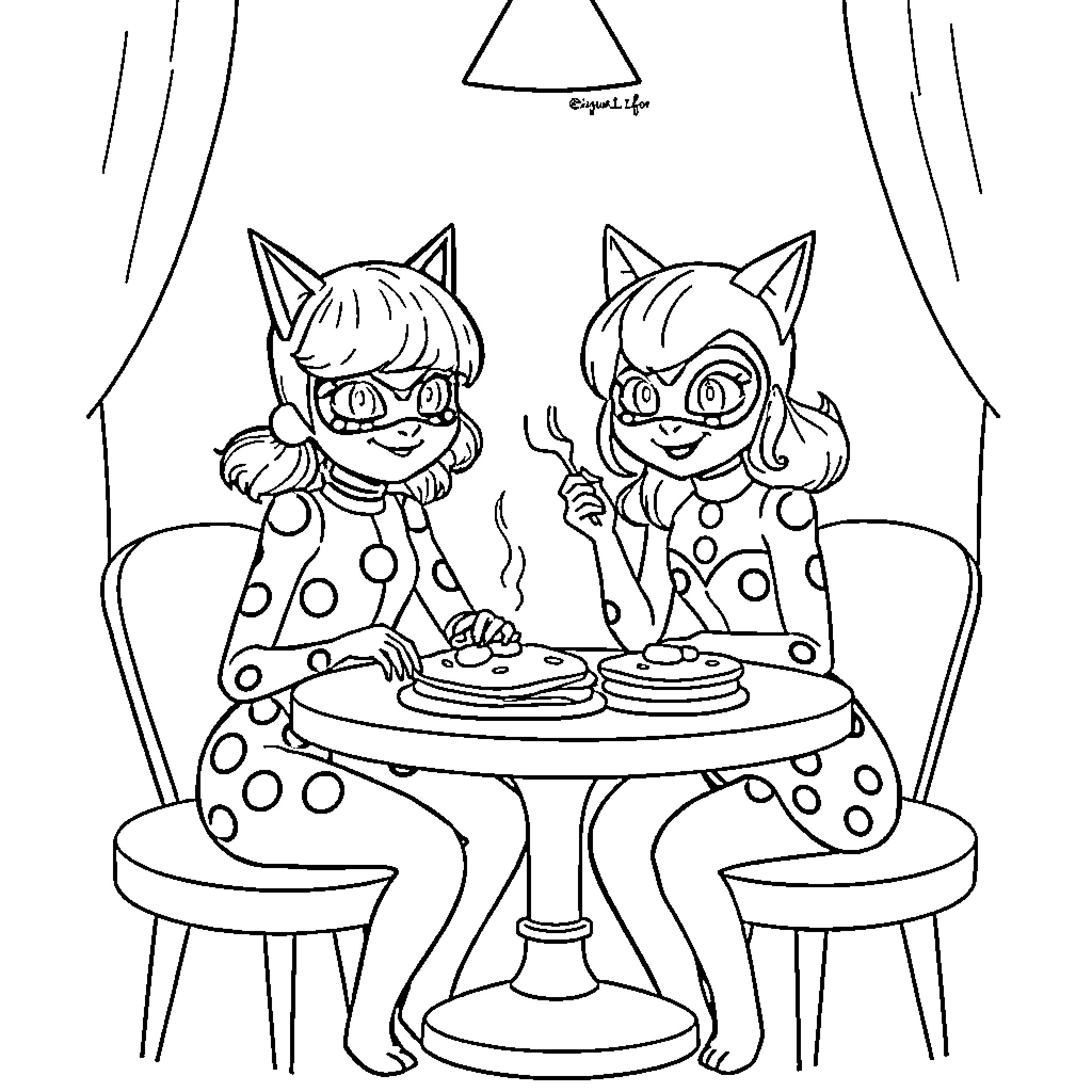 Ladybug friends enjoying a meal at the table Coloring Page (free black-and-white line drawing printable PDF for all, from beginners to advanced learners, including children, teens, adults, and seniors)