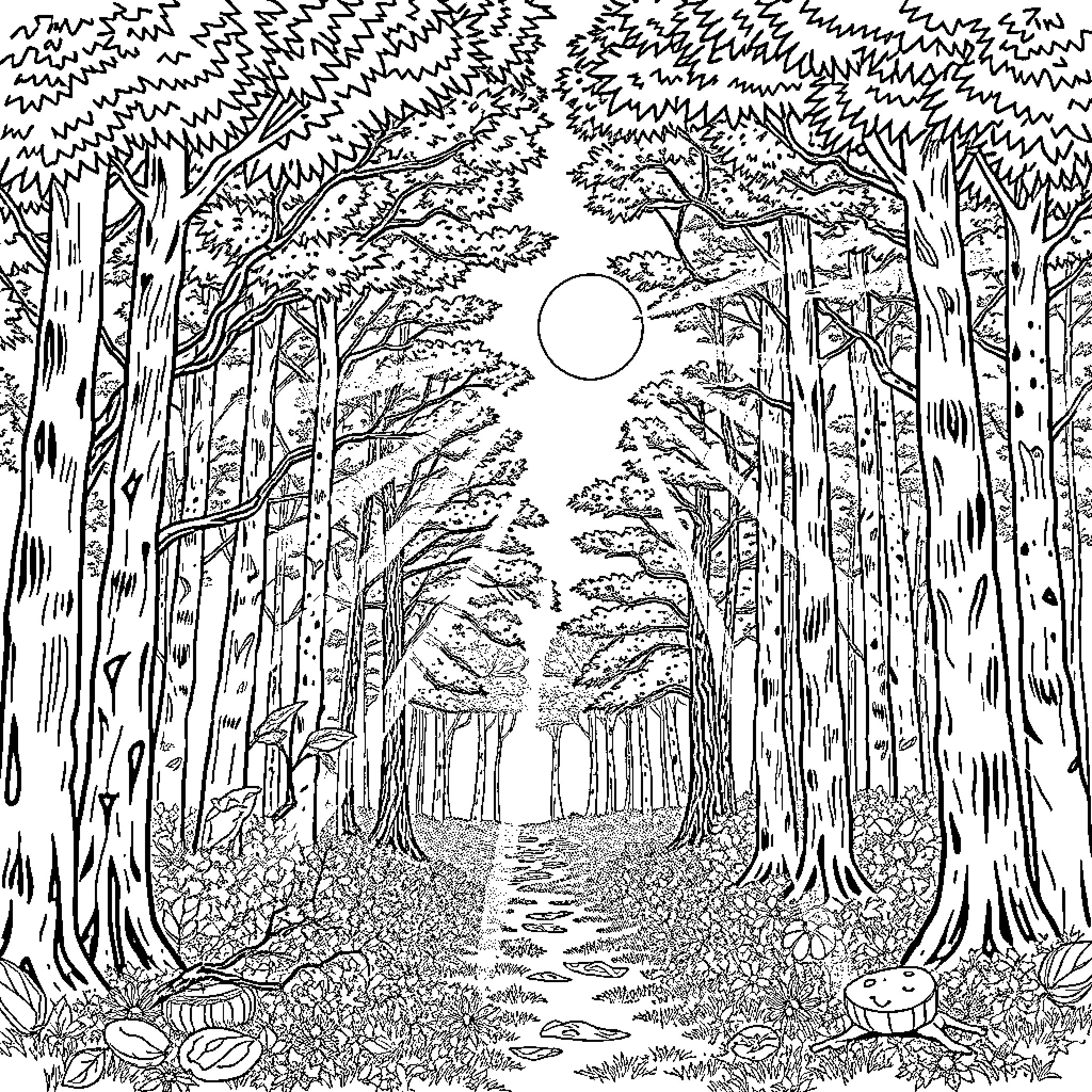 Mandala of Mystical Forest Path Coloring Page (free black-and-white line drawing printable PDF for all, from beginners to advanced learners, including children, teens, adults, and seniors)