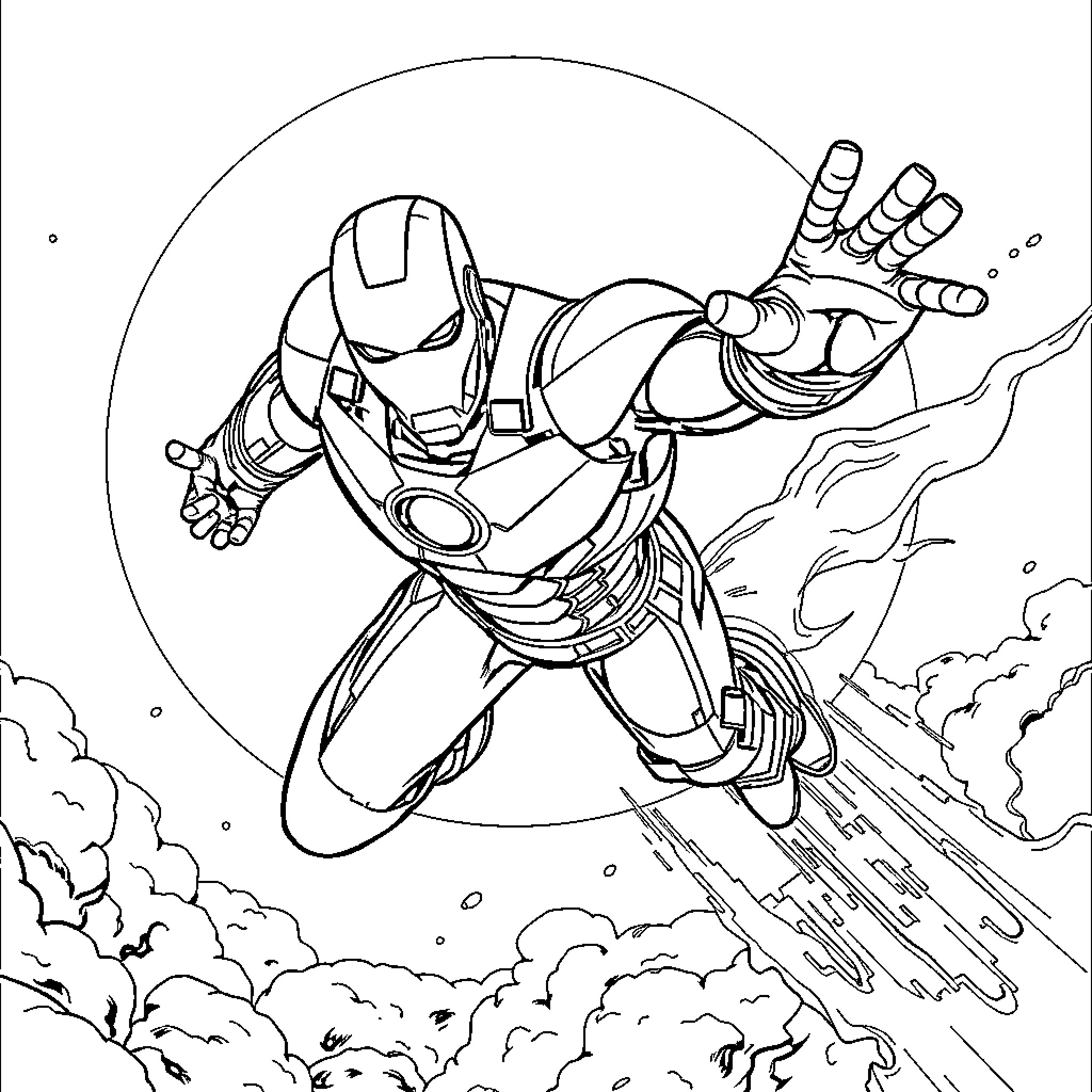 Iron Man soaring through the sky in action Coloring Page (free black-and-white line drawing printable PDF for all, from beginners to advanced learners, including children, teens, adults, and seniors)
