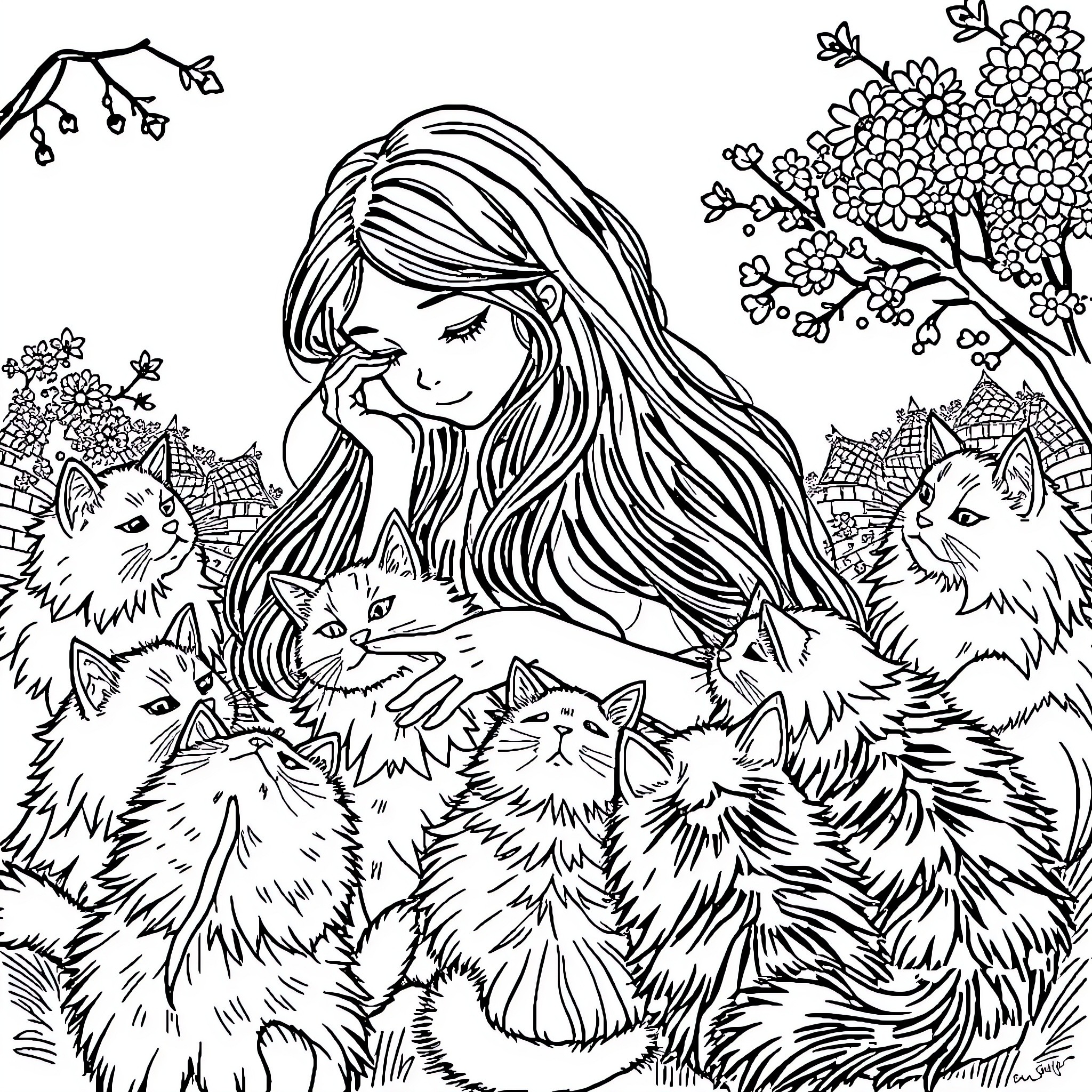 Girl surrounded by playful kittens in nature Coloring Page (free black-and-white line drawing printable PDF for all, from beginners to advanced learners, including children, teens, adults, and seniors)