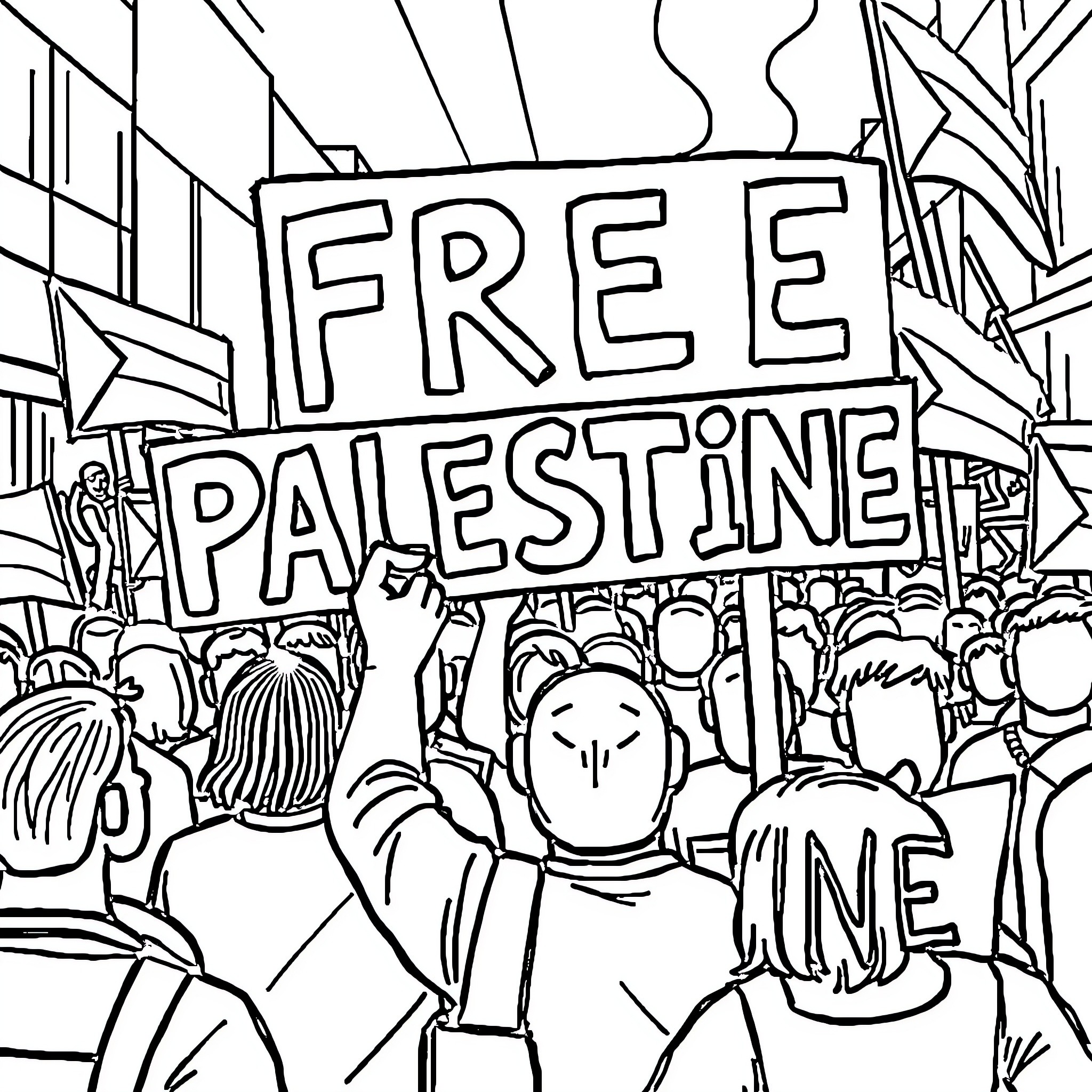 Palestine protest for freedom and justice Coloring Page (free black-and-white line drawing printable PDF for all, from beginners to advanced learners, including children, teens, adults, and seniors)