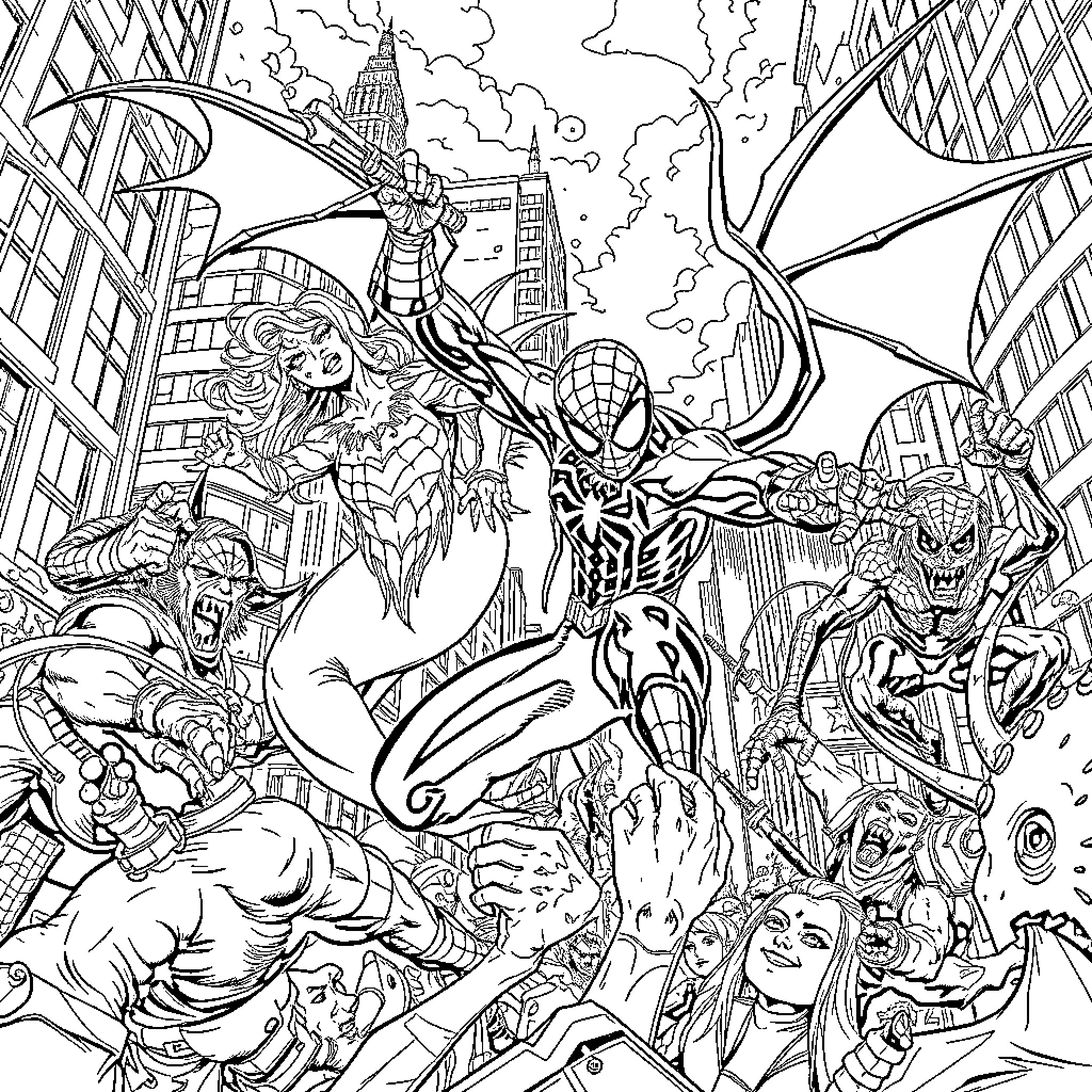 Kpop Huntrix: Superheroes in action-packed adventure Coloring Page (free black-and-white line drawing printable PDF for all, from beginners to advanced learners, including children, teens, adults, and seniors)