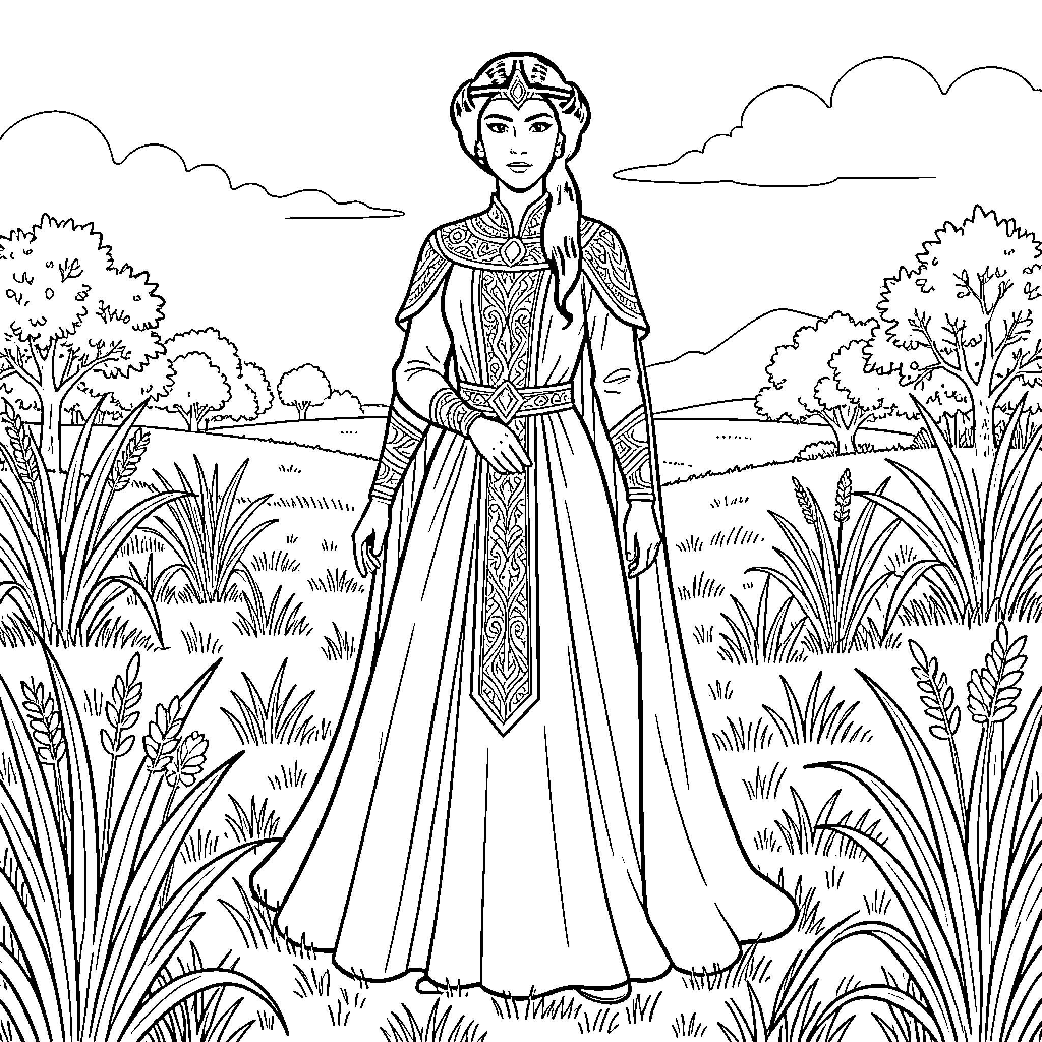 Padme in Regal Attire Amid Natural Surroundings Coloring Page (free black-and-white line drawing printable PDF for all, from beginners to advanced learners, including children, teens, adults, and seniors)