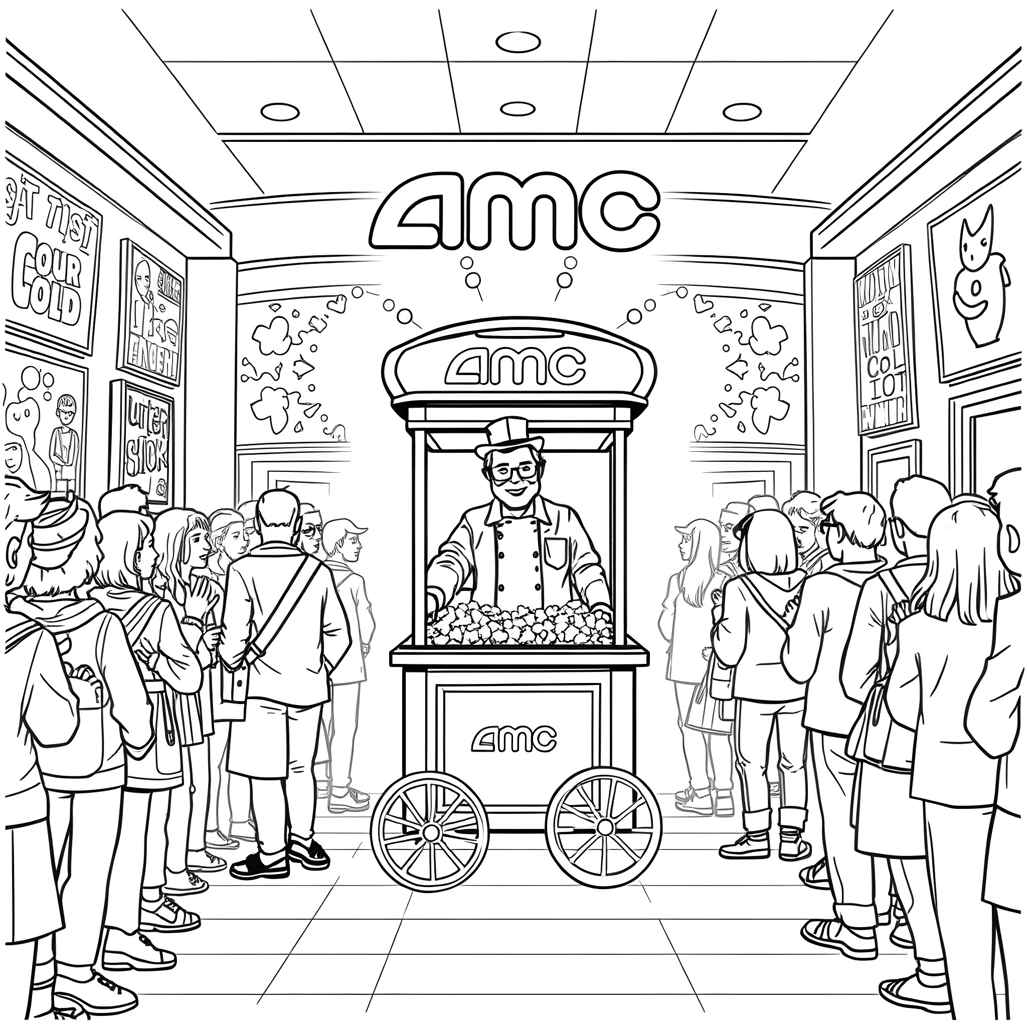 Papa Emeritus presiding over a joyous AMC cinema gathering Coloring Page (free black-and-white line drawing printable PDF for all, from beginners to advanced learners, including children, teens, adults, and seniors)
