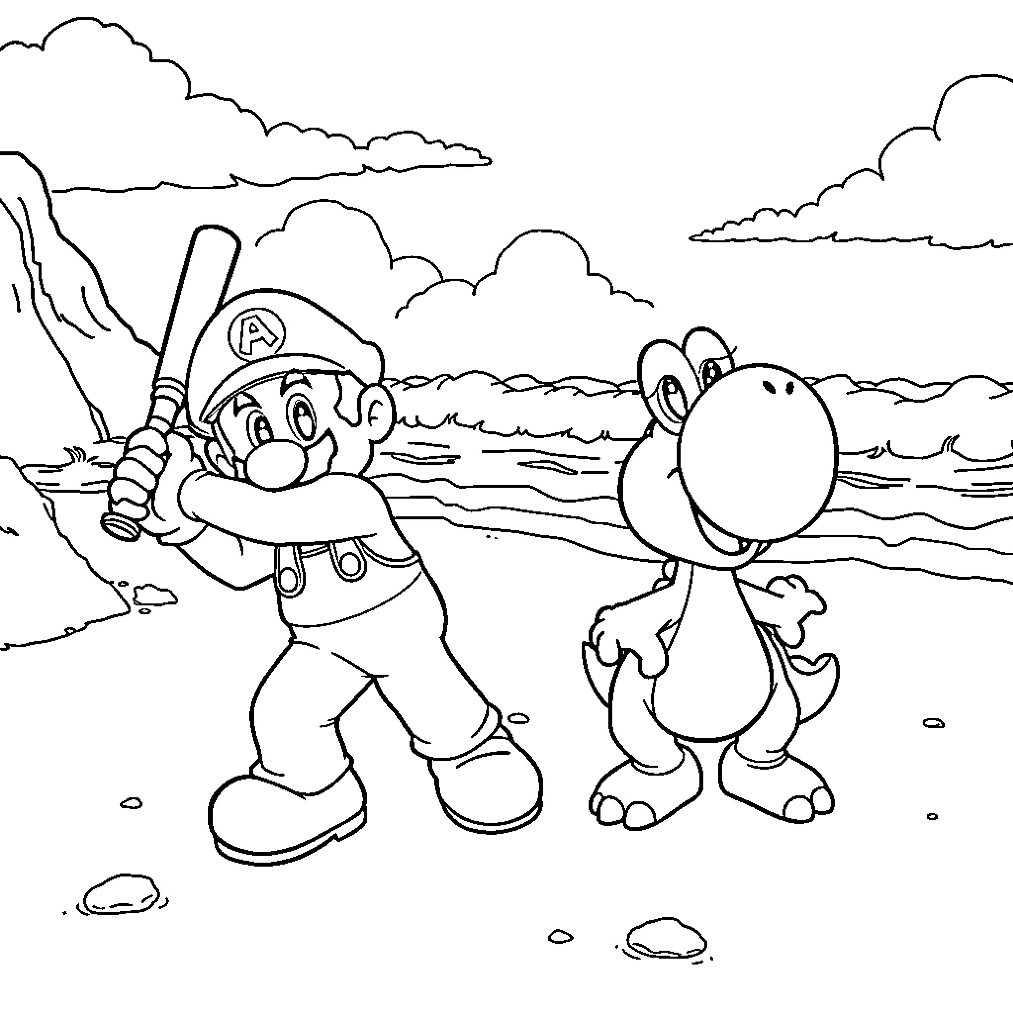 Mario and Yoshi explore the outdoors Coloring Page (free black-and-white line drawing printable PDF for all, from beginners to advanced learners, including children, teens, adults, and seniors)