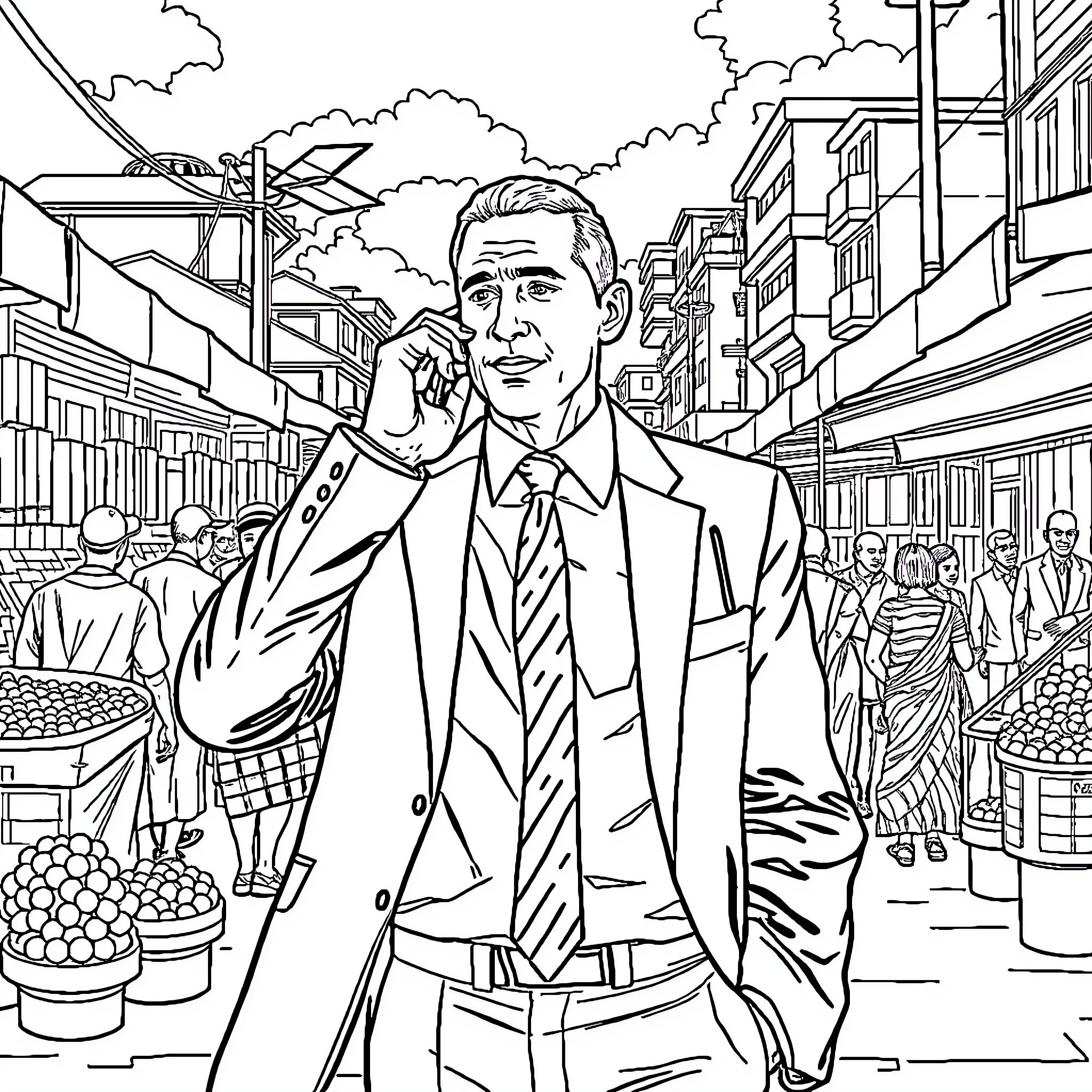 Man making a call on a busy city street Coloring Page (free black-and-white line drawing printable PDF for all, from beginners to advanced learners, including children, teens, adults, and seniors)