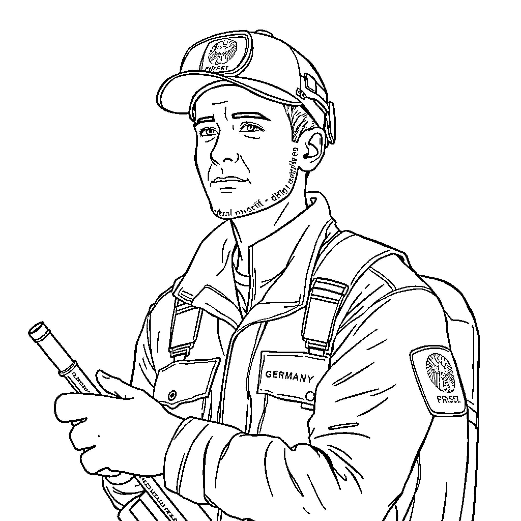 Member in Uniform with Determined Expression Coloring Page (free black-and-white line drawing printable PDF for all, from beginners to advanced learners, including children, teens, adults, and seniors)
