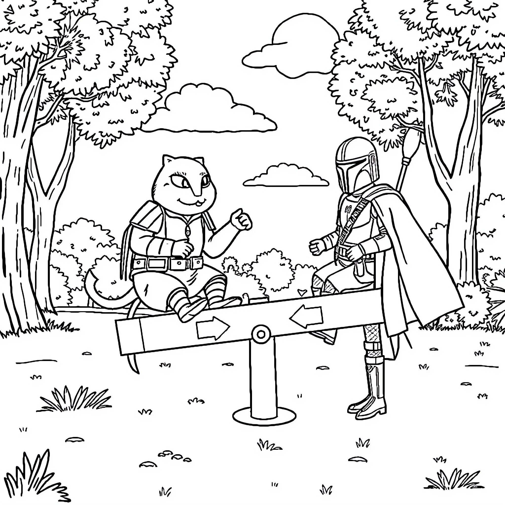 Grogu and Mandalorian explore the forest Coloring Page (free black-and-white line drawing printable PDF for all, from beginners to advanced learners, including children, teens, adults, and seniors)