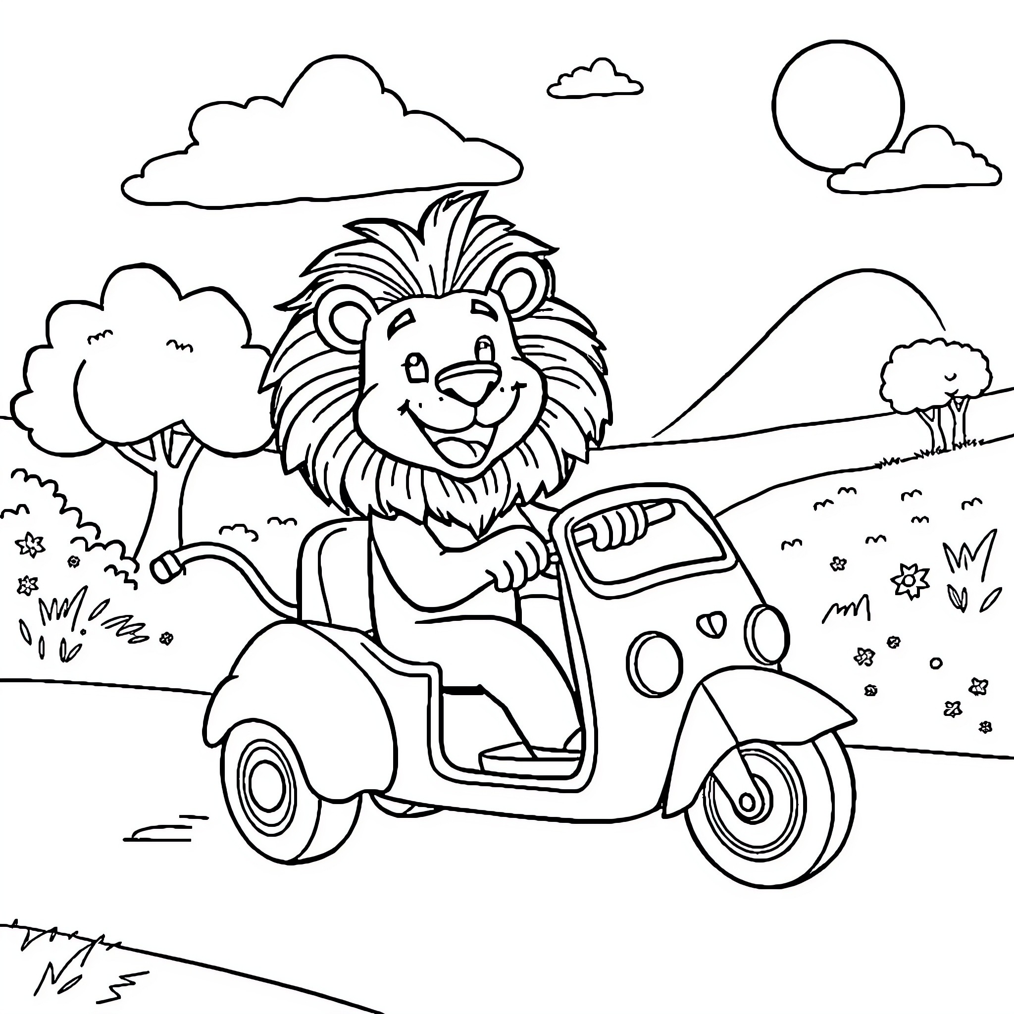 Lion riding a scooter through the countryside Coloring Page (free black-and-white line drawing printable PDF for all, from beginners to advanced learners, including children, teens, adults, and seniors)