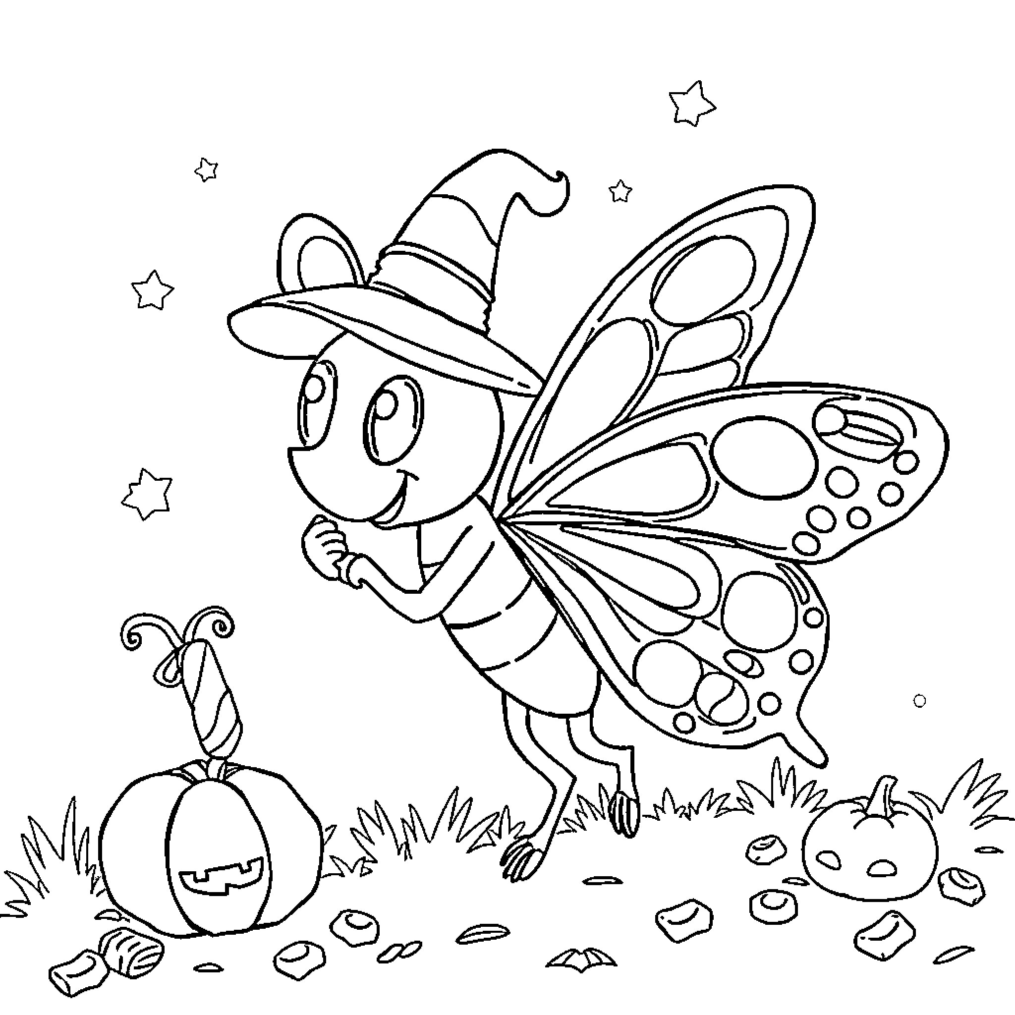 Butterfly in a magical garden Coloring Page (free black-and-white line drawing printable PDF for all, from beginners to advanced learners, including children, teens, adults, and seniors)