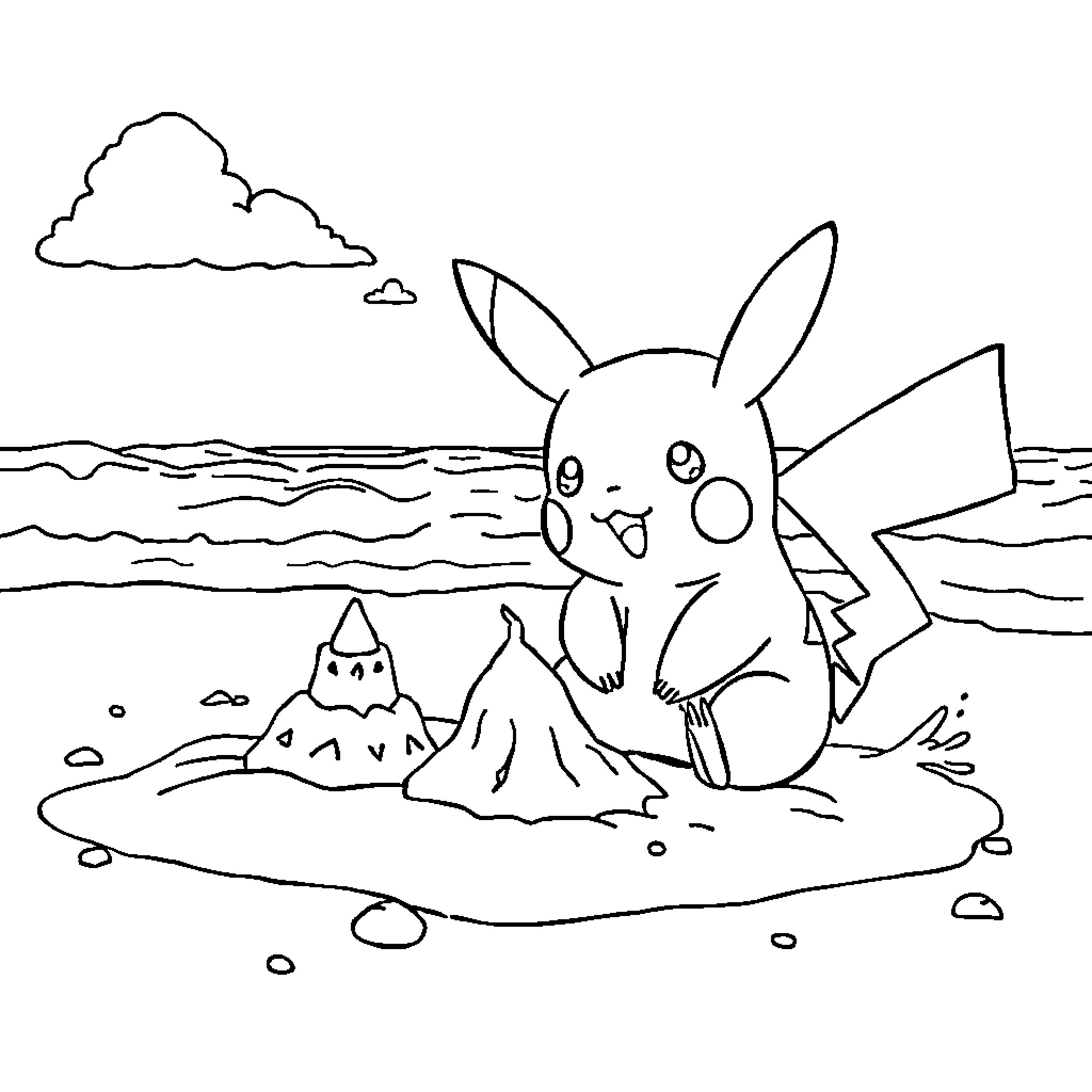 Pikachu playing in a beach landscape Coloring Page (free black-and-white line drawing printable PDF for all, from beginners to advanced learners, including children, teens, adults, and seniors)