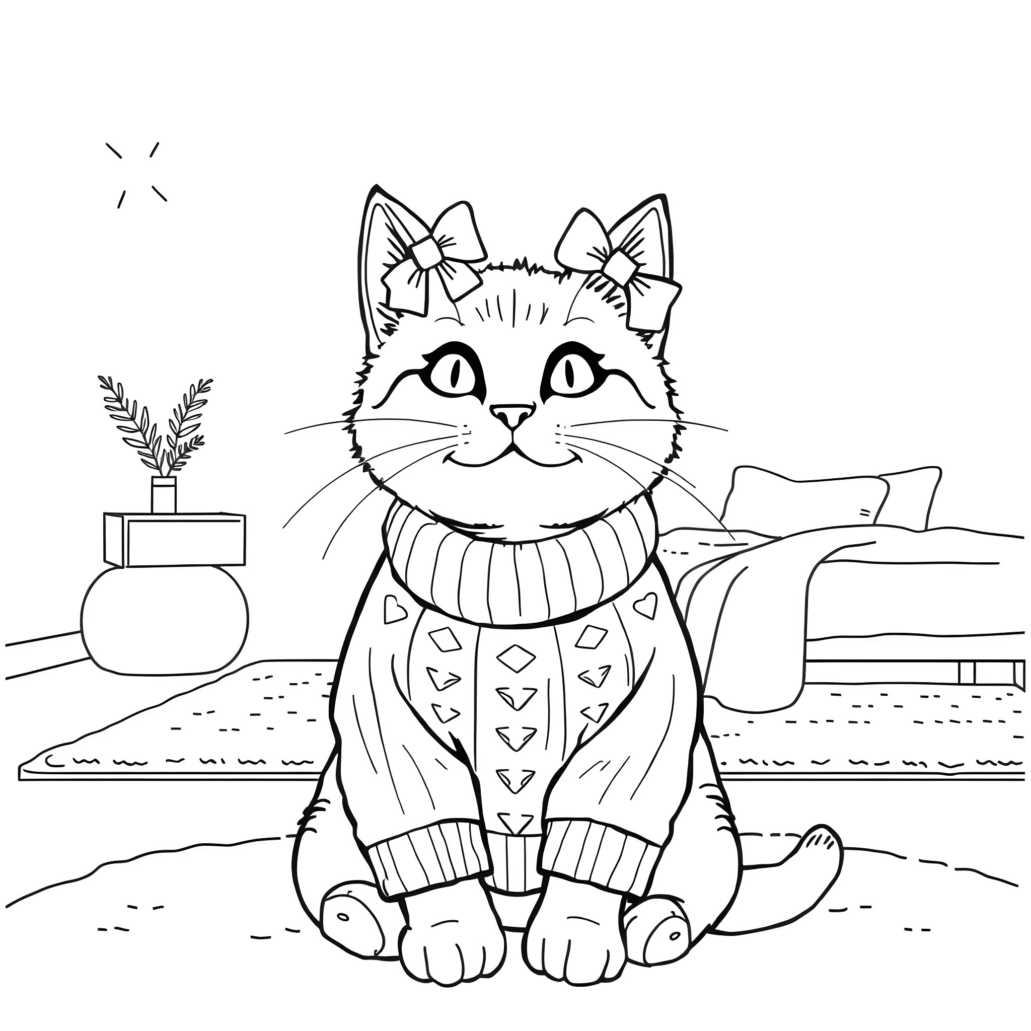 Cat dressed in a cozy sweater in a home setting Coloring Page (free black-and-white line drawing printable PDF for all, from beginners to advanced learners, including children, teens, adults, and seniors)