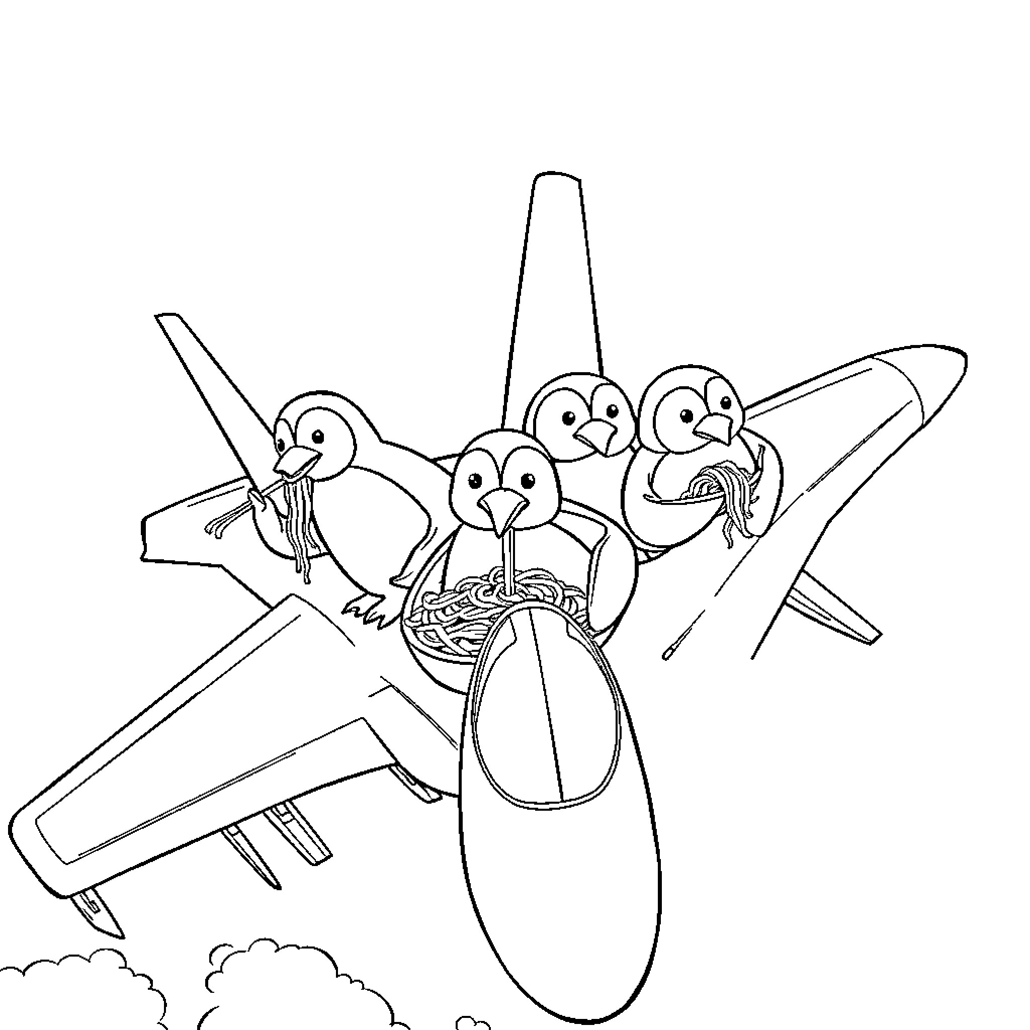 Penguins flying happily in an airplane Coloring Page (free black-and-white line drawing printable PDF for all, from beginners to advanced learners, including children, teens, adults, and seniors)