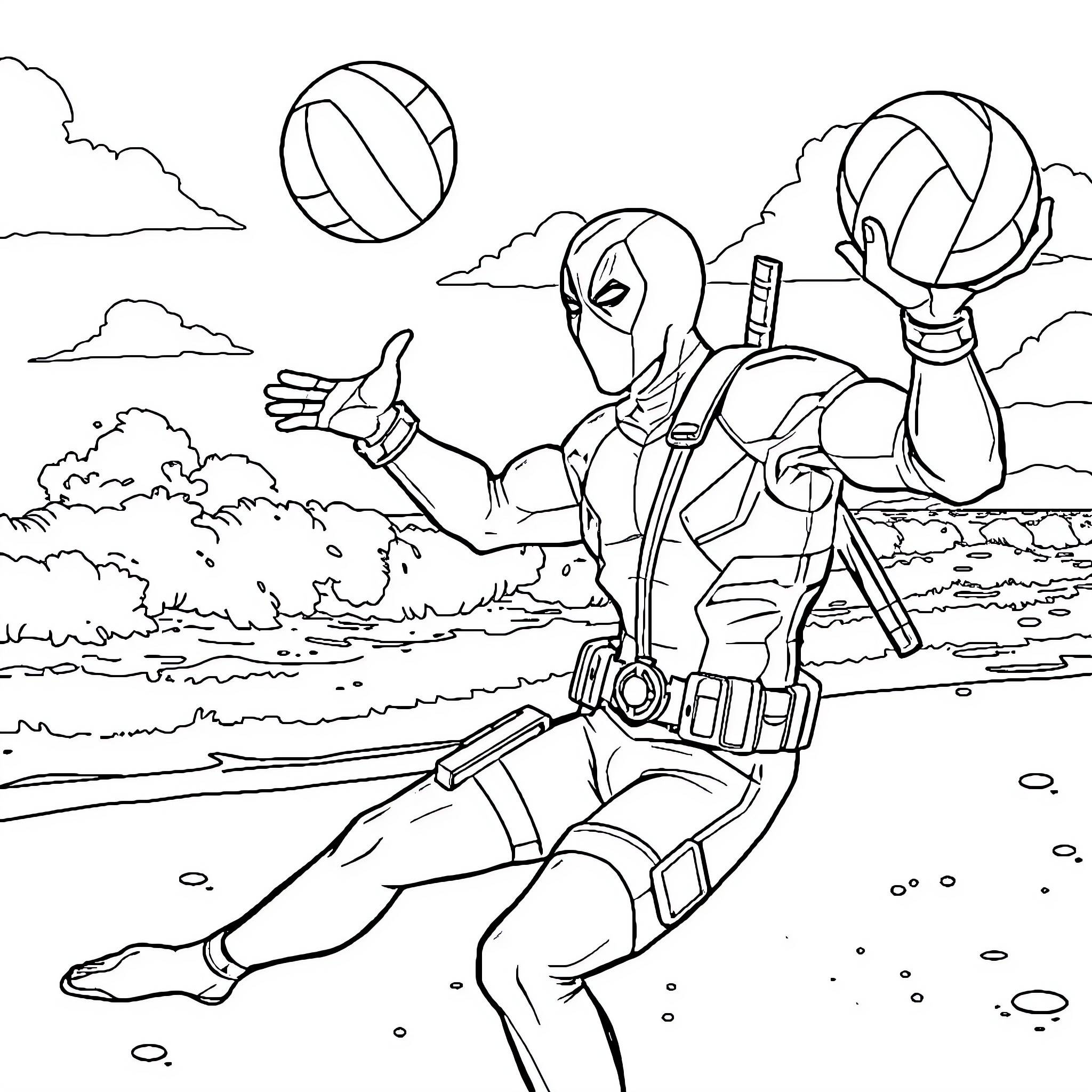 Deadpool playing volleyball at the beach Coloring Page (free black-and-white line drawing printable PDF for all, from beginners to advanced learners, including children, teens, adults, and seniors)