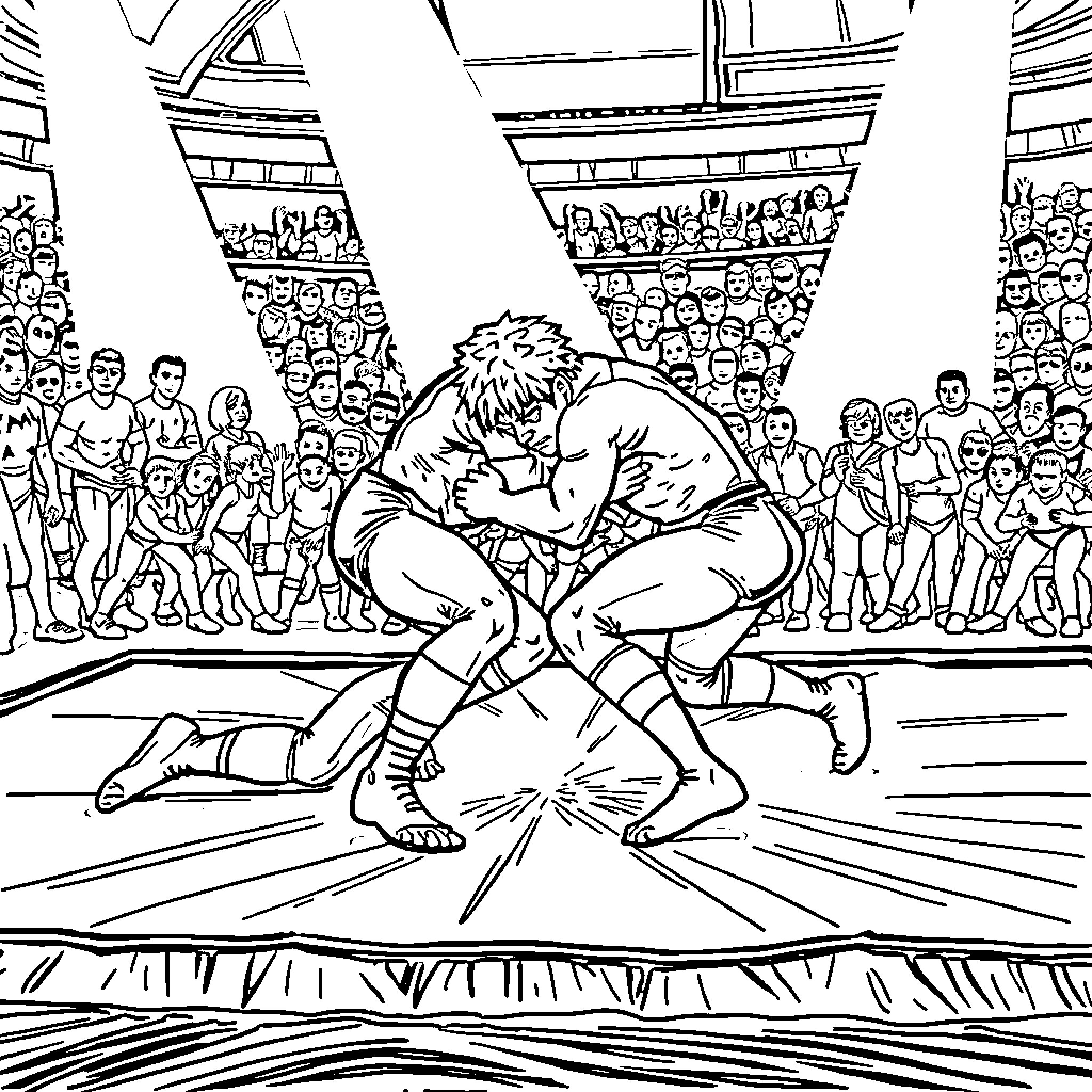 Wrestler in intense grappling match before cheering crowd Coloring Page (free black-and-white line drawing printable PDF for all, from beginners to advanced learners, including children, teens, adults, and seniors)