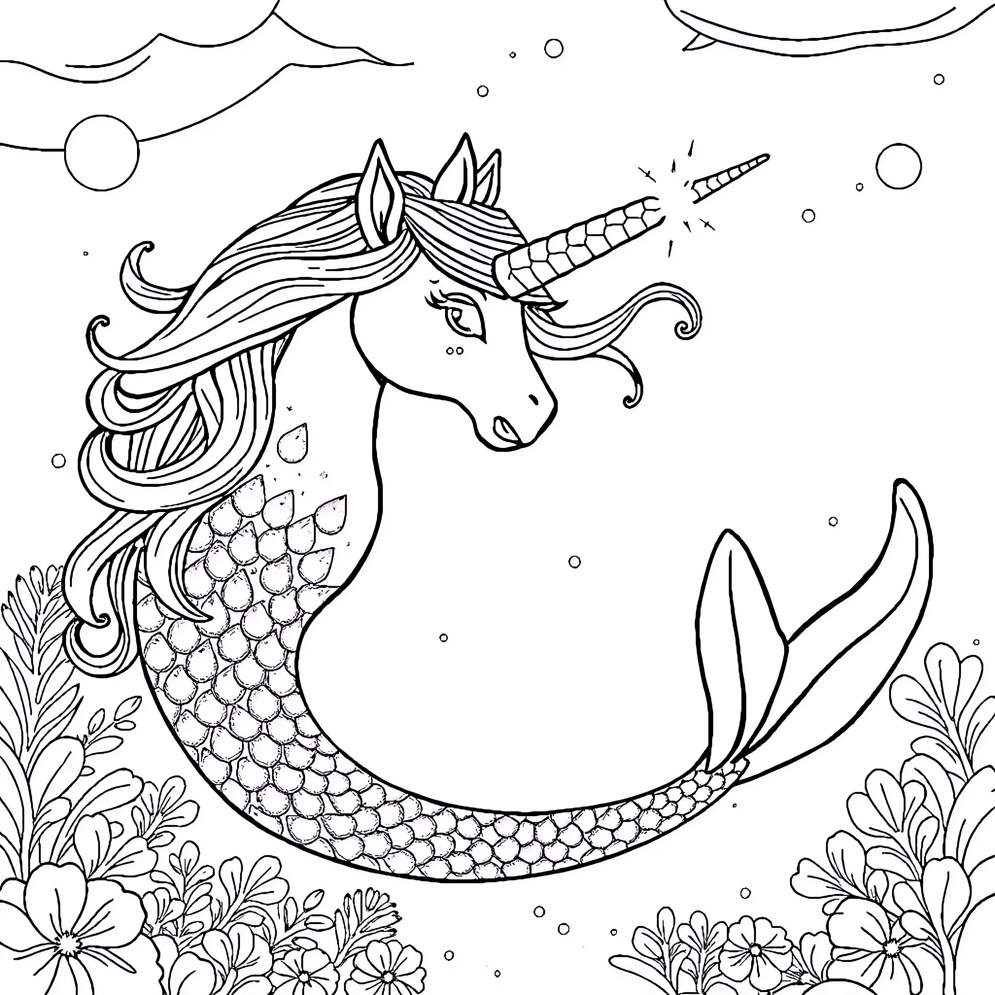 Mermaid Unicorn swimming joyfully in the ocean Coloring Page (free black-and-white line drawing printable PDF for all, from beginners to advanced learners, including children, teens, adults, and seniors)
