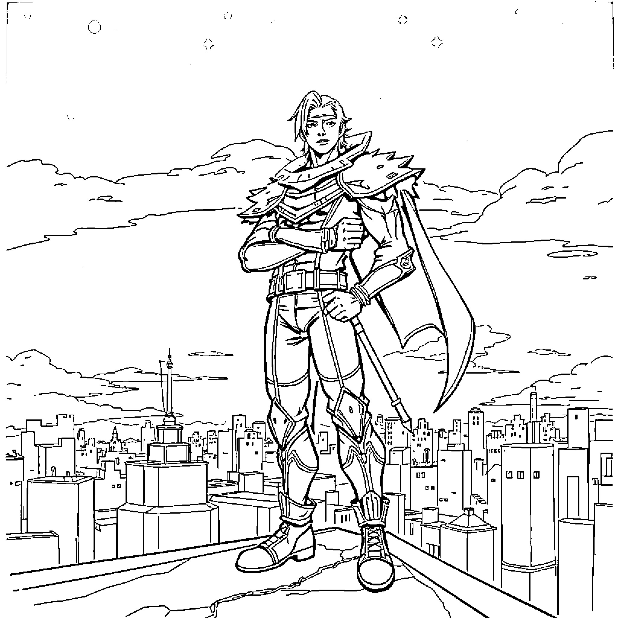 Hero in Futuristic Armor Overlooking the City Coloring Page (free black-and-white line drawing printable PDF for all, from beginners to advanced learners, including children, teens, adults, and seniors)