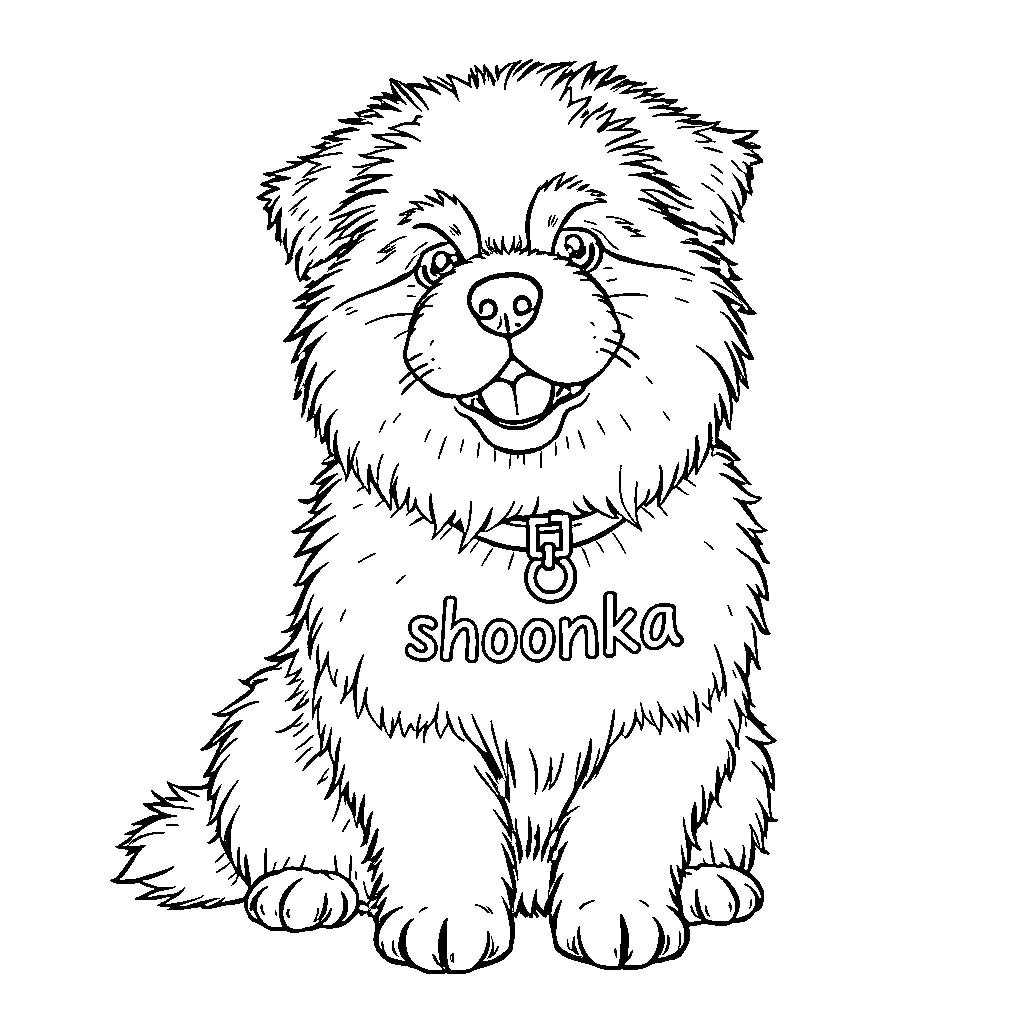 Dog wearing a collar with name tag Coloring Page (free black-and-white line drawing printable PDF for all, from beginners to advanced learners, including children, teens, adults, and seniors)