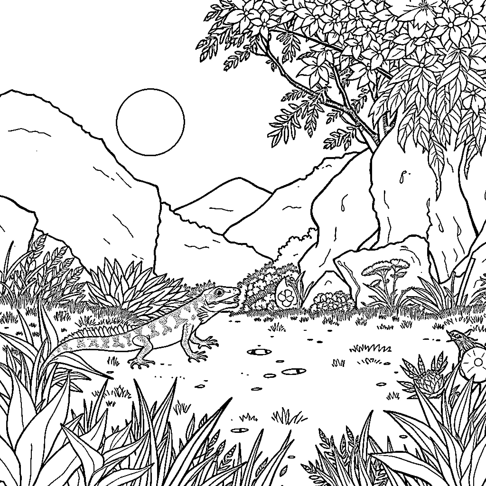 Retreat to the Lush Wilderness Coloring Page (free black-and-white line drawing printable PDF for all, from beginners to advanced learners, including children, teens, adults, and seniors)