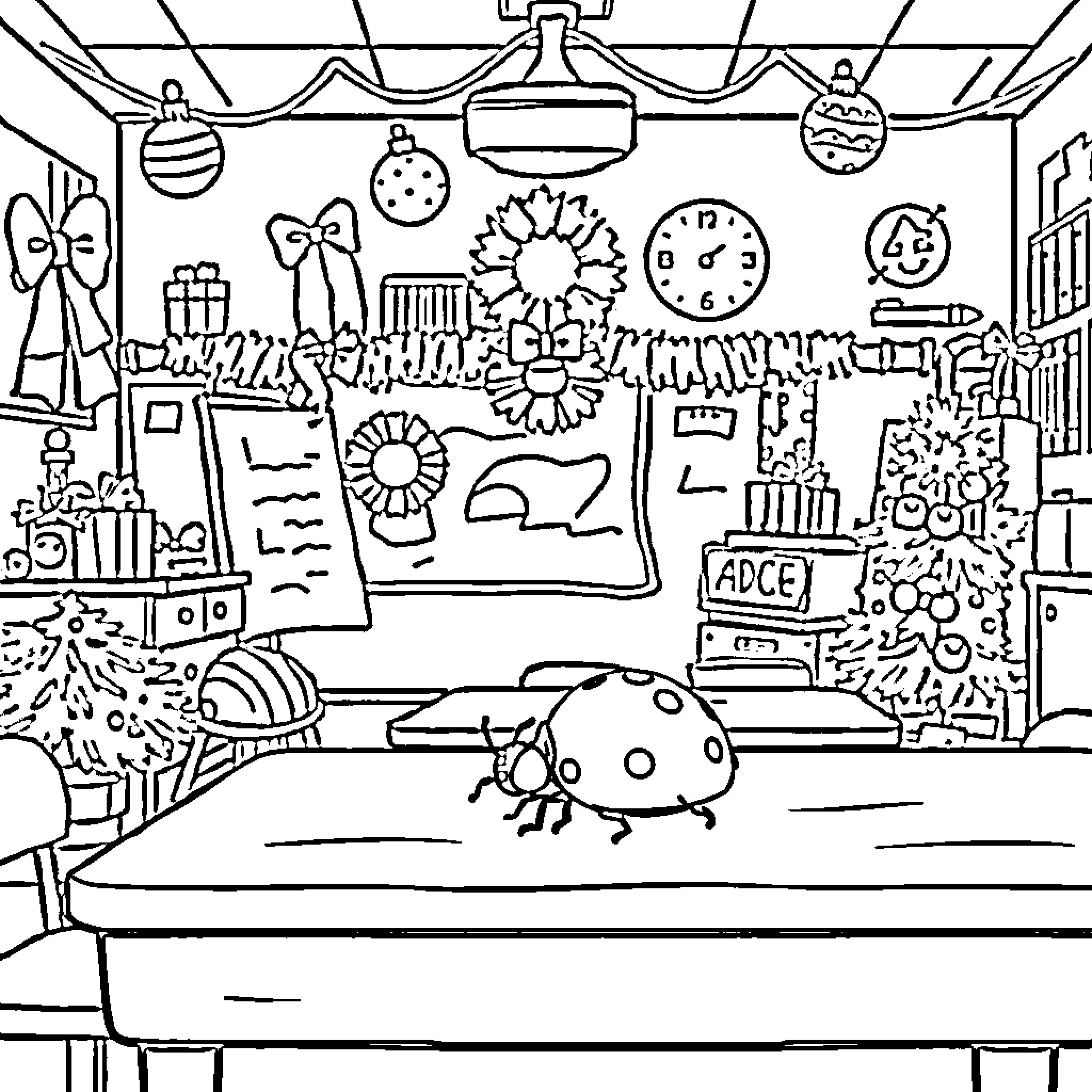 Ladybird exploring a festive winter wonderland Coloring Page (free black-and-white line drawing printable PDF for all, from beginners to advanced learners, including children, teens, adults, and seniors)