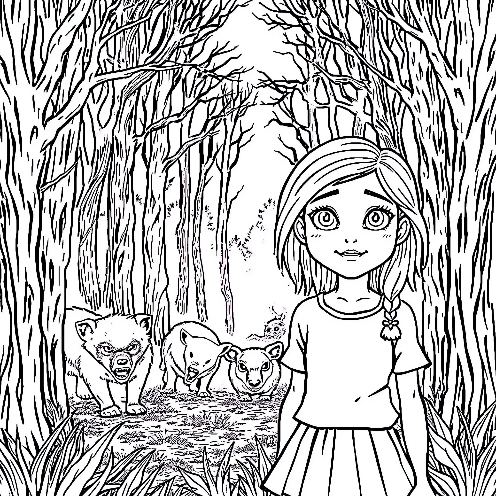 Girl exploring the enchanted forest with wild animals Coloring Page (free black-and-white line drawing printable PDF for all, from beginners to advanced learners, including children, teens, adults, and seniors)