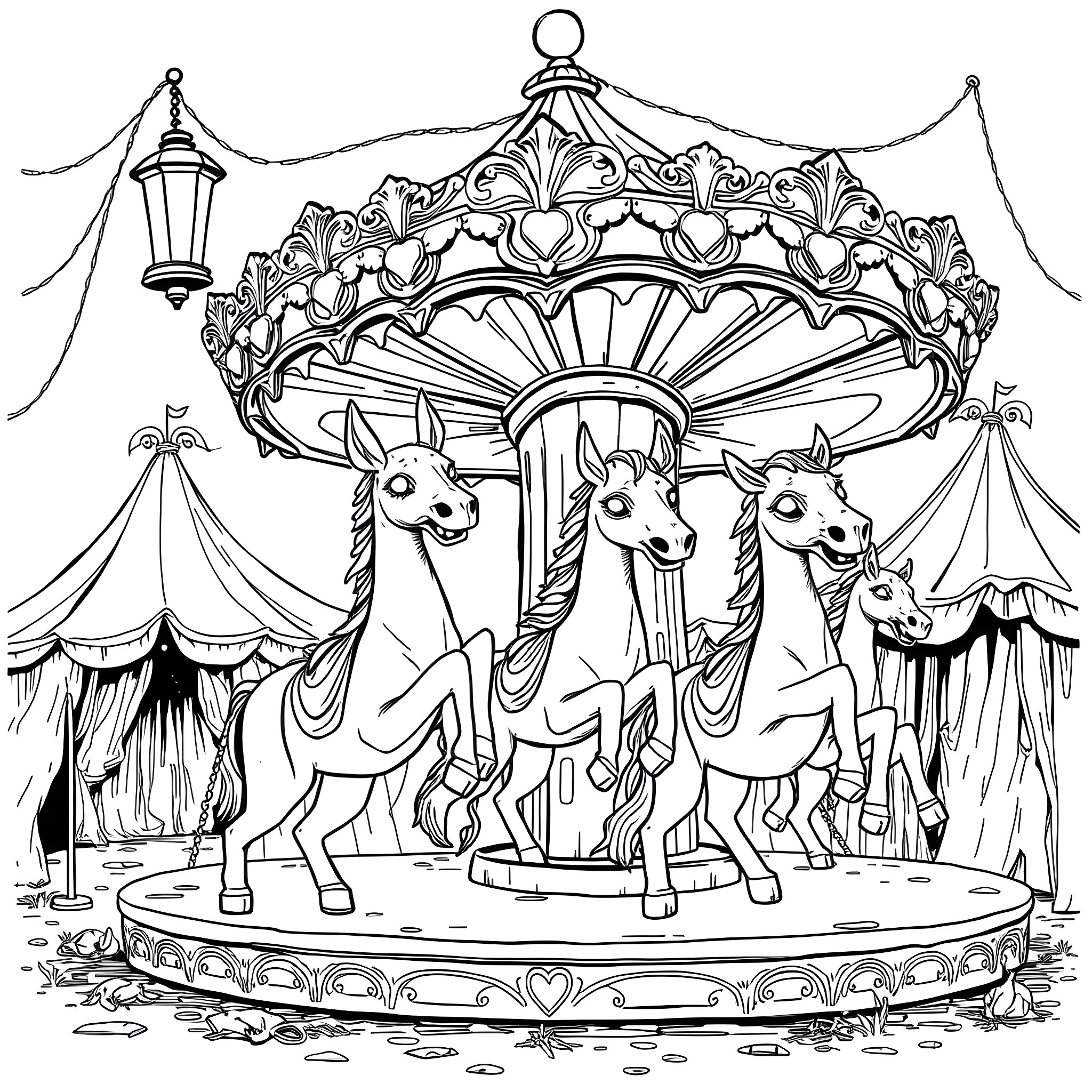 Carousel featuring whimsical animal riders and ornate decor Coloring Page (free black-and-white line drawing printable PDF for all, from beginners to advanced learners, including children, teens, adults, and seniors)