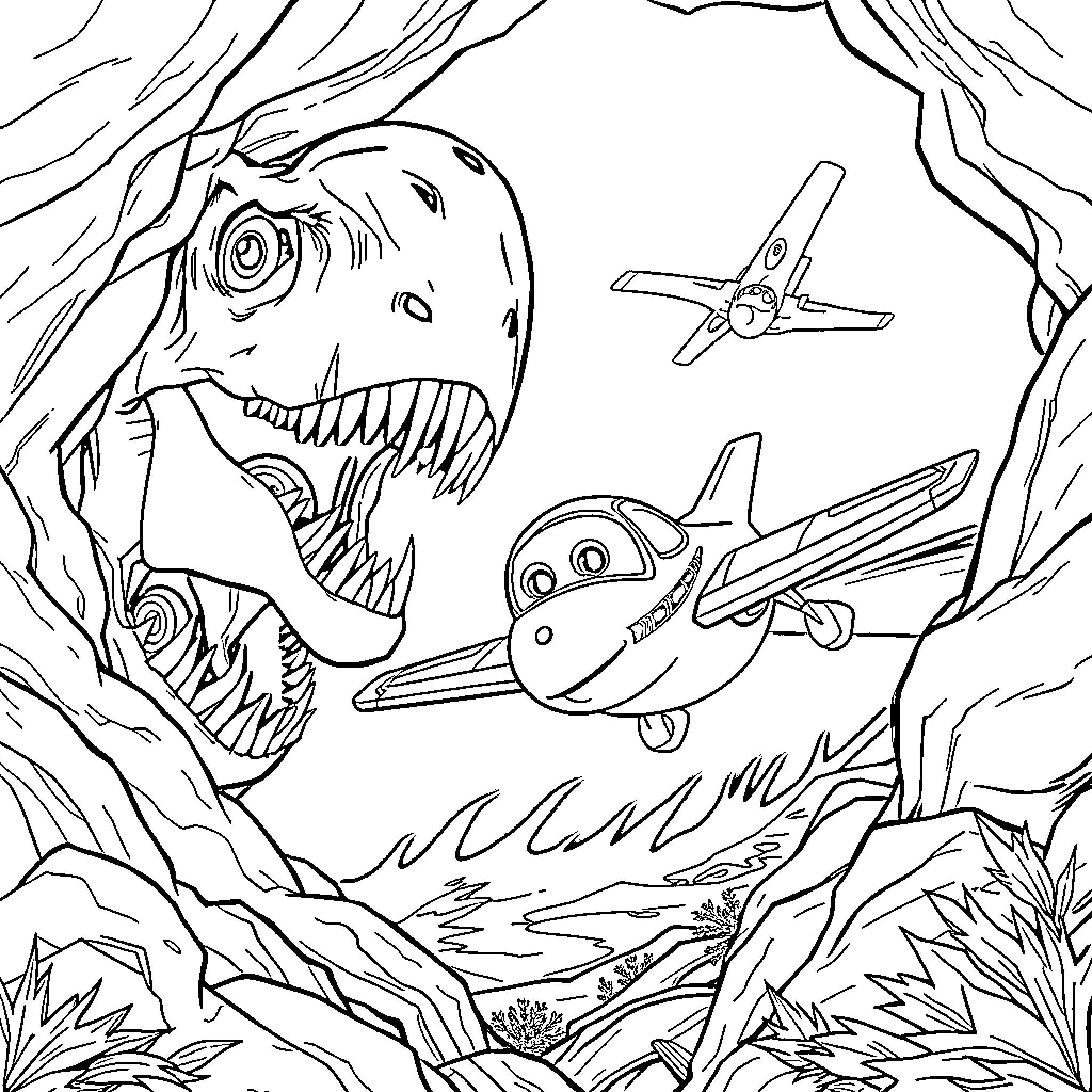 Plane flying through prehistoric landscape Coloring Page (free black-and-white line drawing printable PDF for all, from beginners to advanced learners, including children, teens, adults, and seniors)