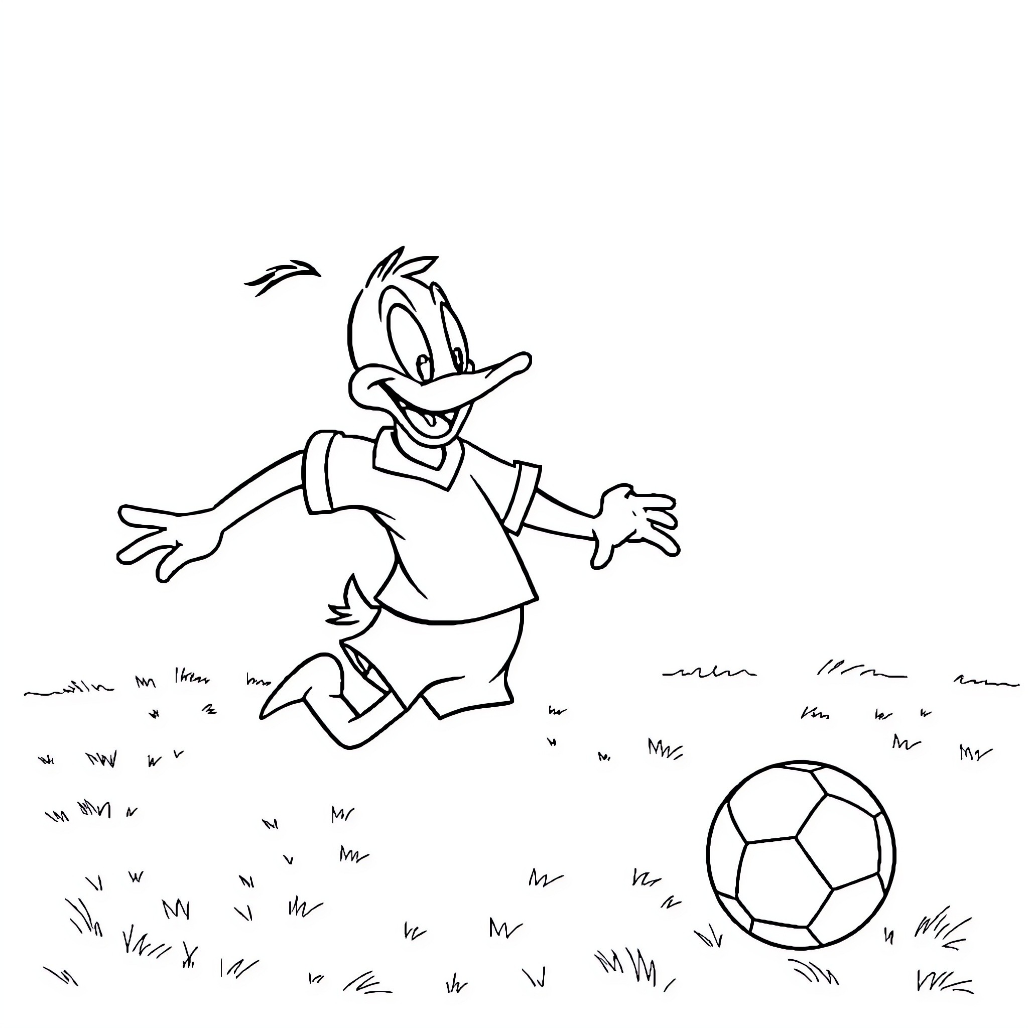 Daffy Duck playing with a soccer ball in the park Coloring Page (free black-and-white line drawing printable PDF for all, from beginners to advanced learners, including children, teens, adults, and seniors)