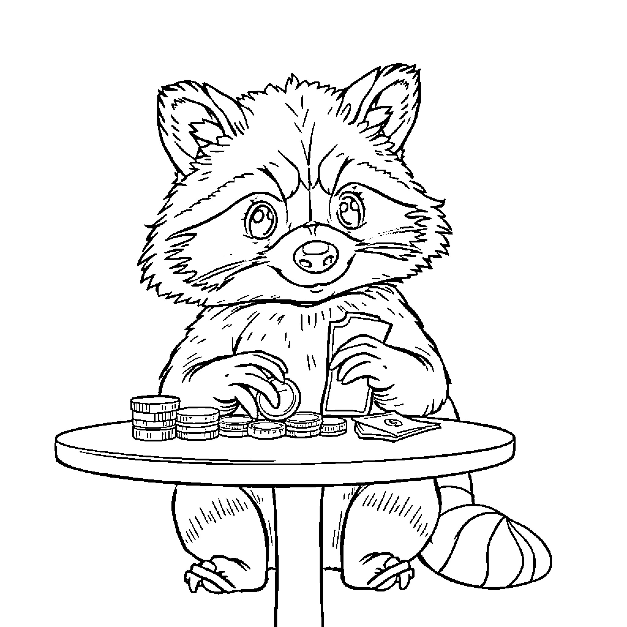 Raccoon counting coins on a table Coloring Page (free black-and-white line drawing printable PDF for all, from beginners to advanced learners, including children, teens, adults, and seniors)