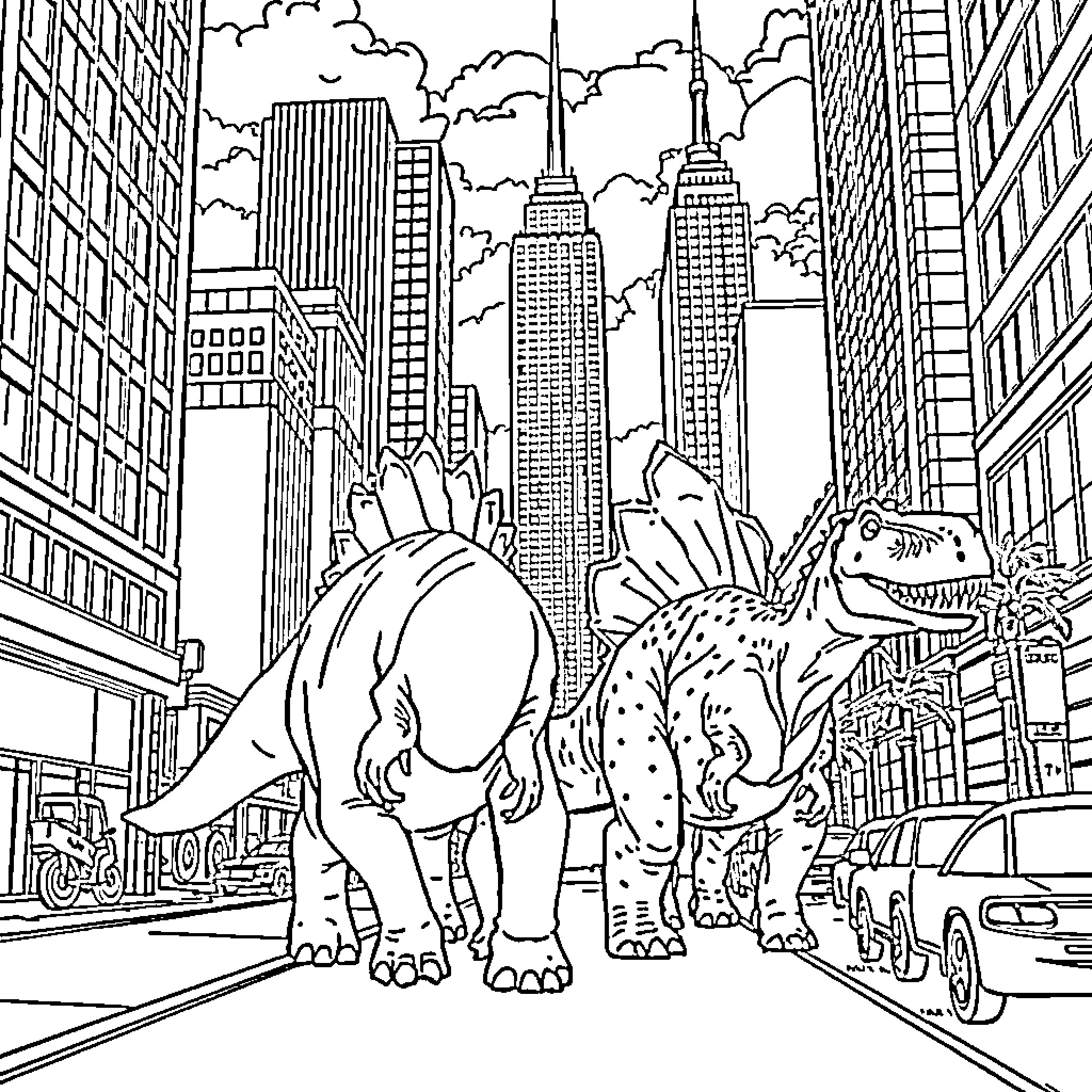 Dinosaurs Roaming in the City Skyline Coloring Page (free black-and-white line drawing printable PDF for all, from beginners to advanced learners, including children, teens, adults, and seniors)