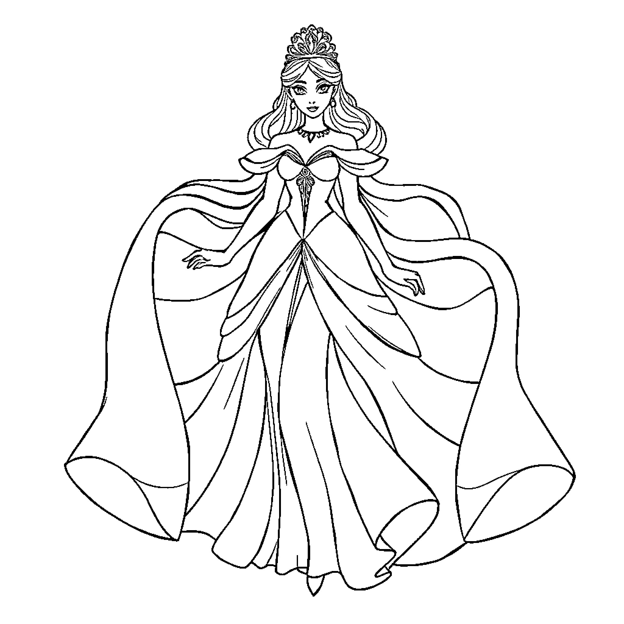 Princess in a Regal Gown with Flowing Dress Coloring Page (free black-and-white line drawing printable PDF for all, from beginners to advanced learners, including children, teens, adults, and seniors)