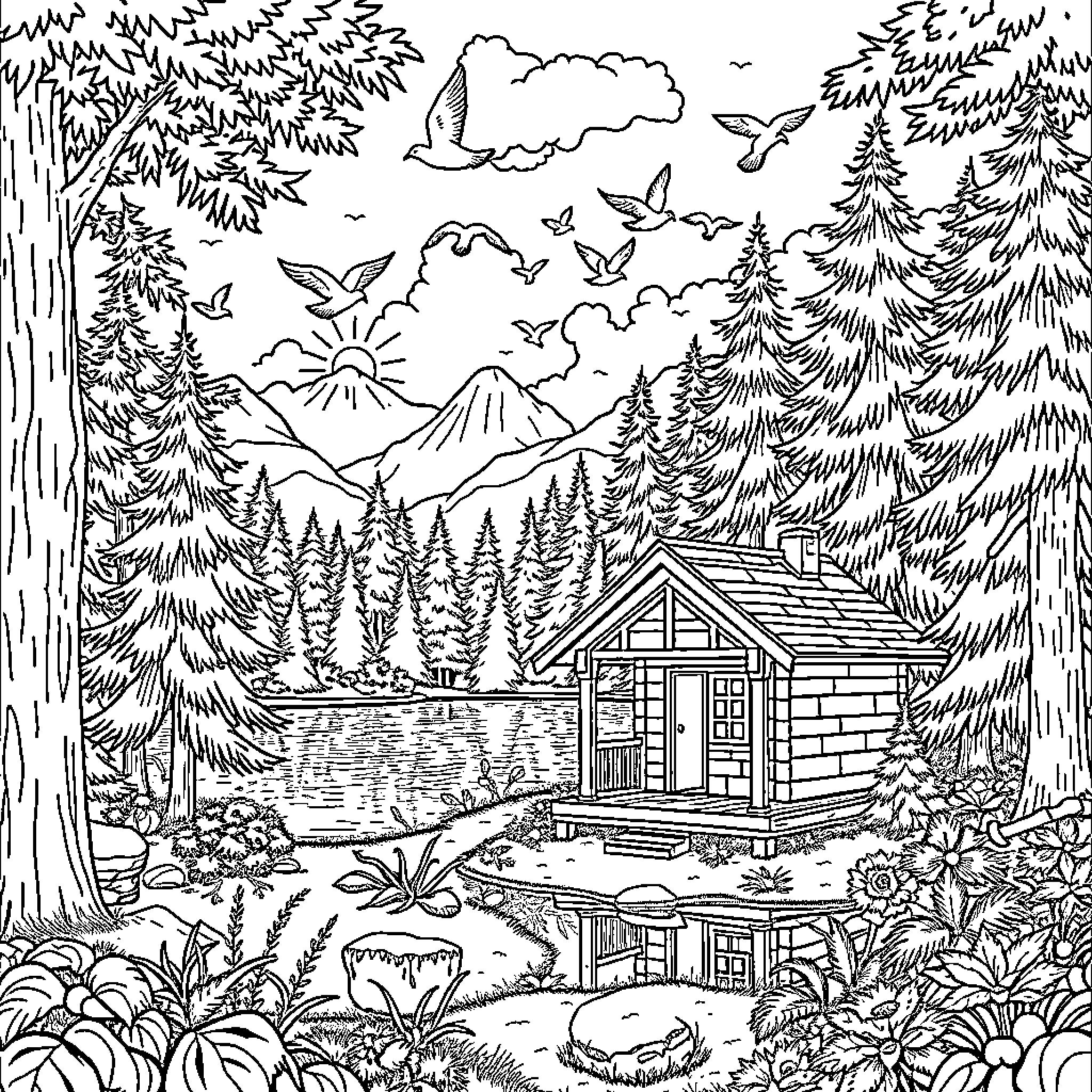 Cabin in the Enchanting Forest Landscape Coloring Page (free black-and-white line drawing printable PDF for all, from beginners to advanced learners, including children, teens, adults, and seniors)