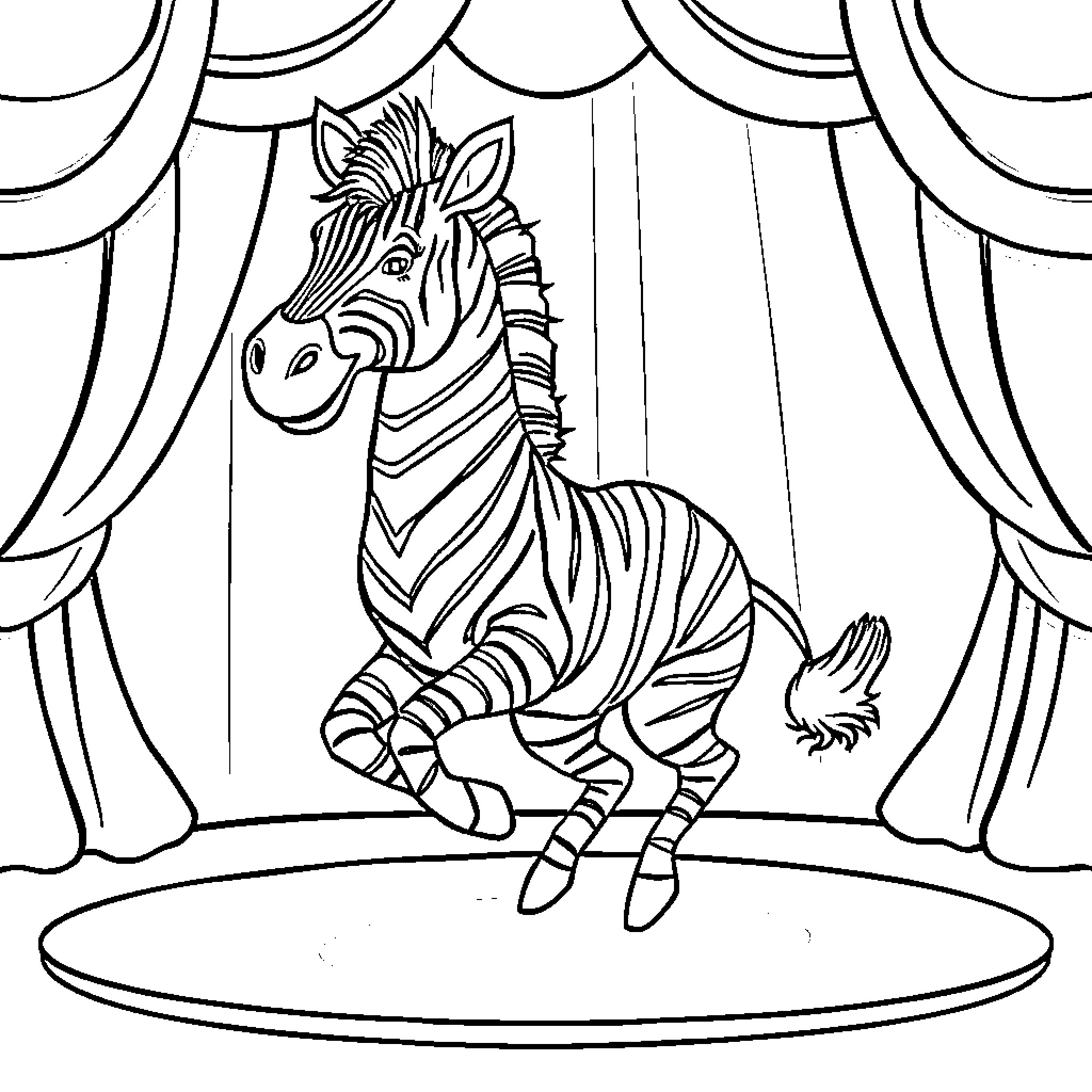 Zebra performing on stage in the circus Coloring Page (free black-and-white line drawing printable PDF for all, from beginners to advanced learners, including children, teens, adults, and seniors)