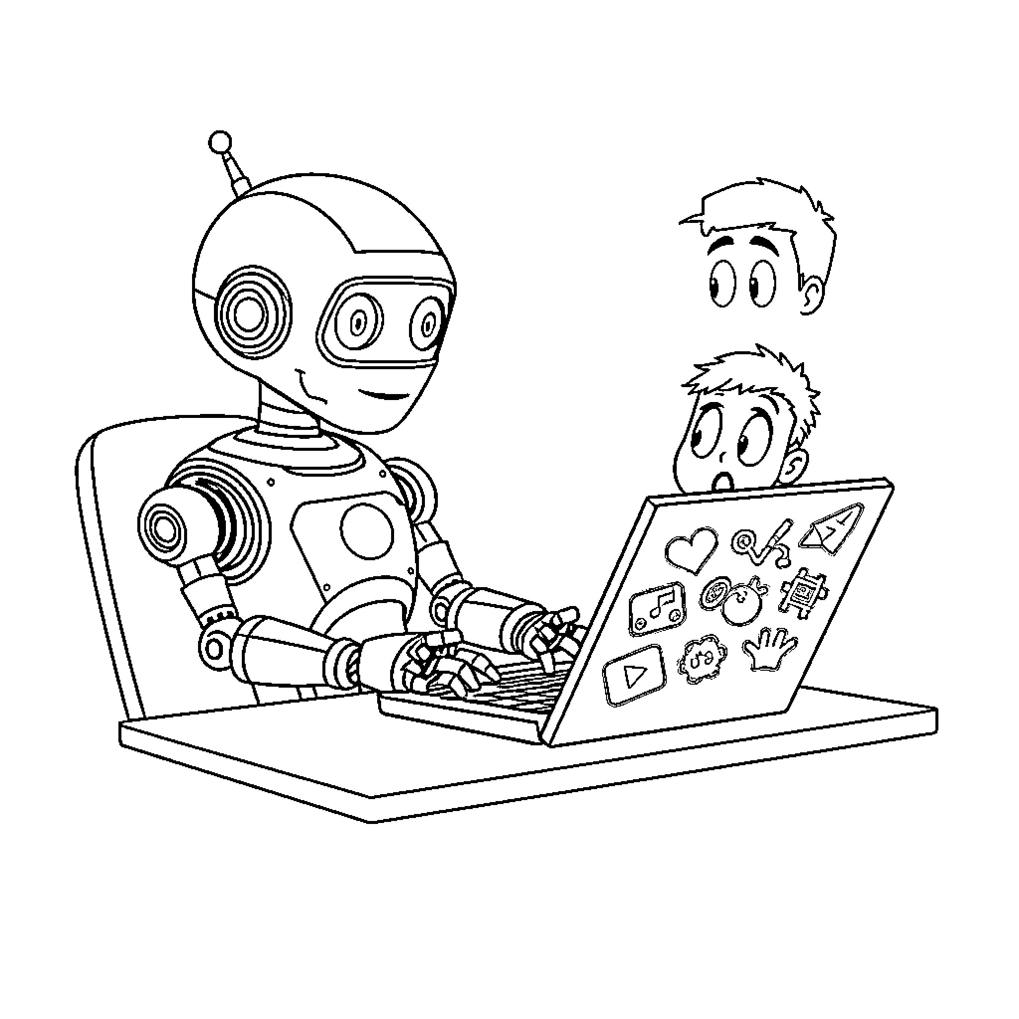 Robot and boy working together on laptop Coloring Page (free black-and-white line drawing printable PDF for all, from beginners to advanced learners, including children, teens, adults, and seniors)