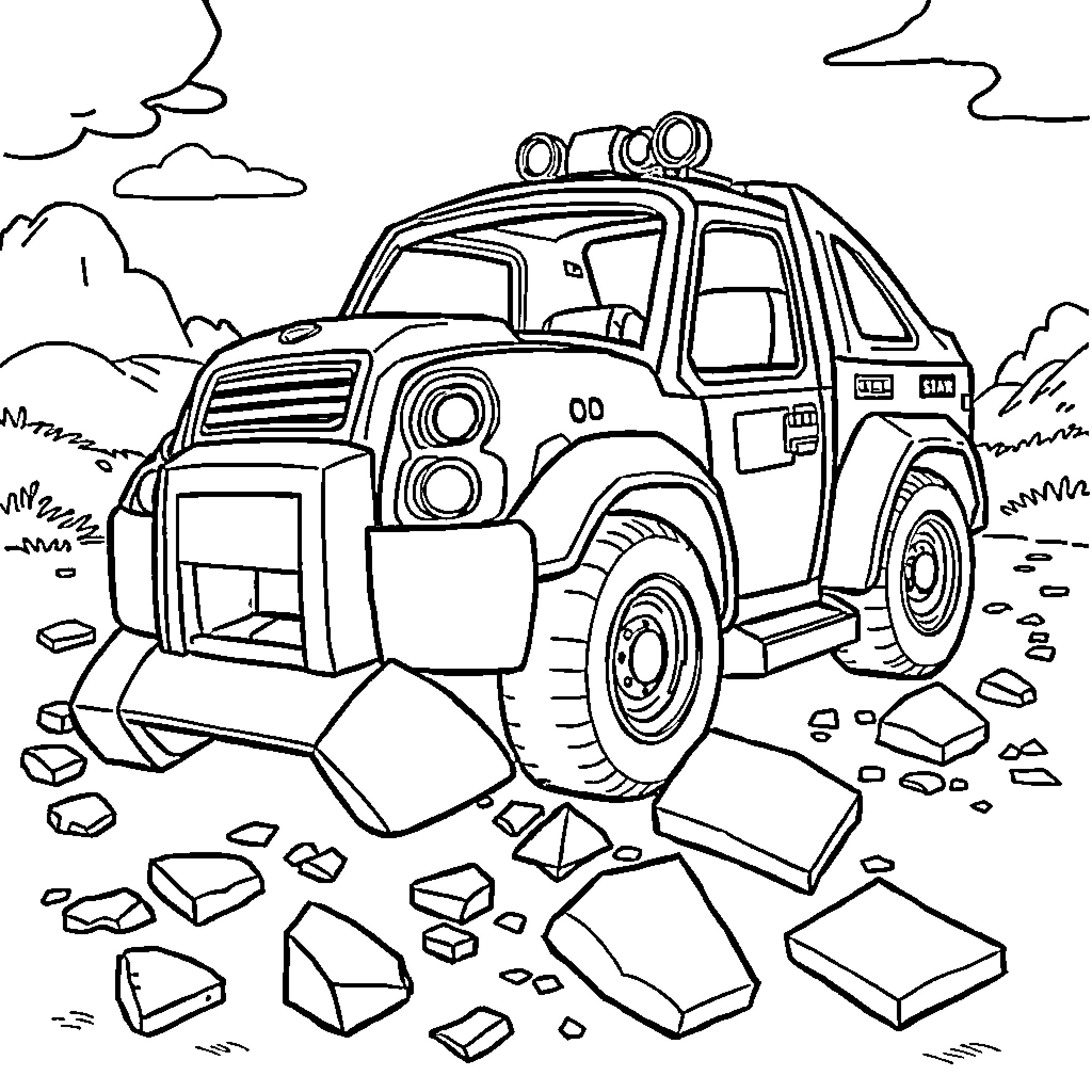 Rubble and Rescue Vehicle in Disaster Scene Coloring Page (free black-and-white line drawing printable PDF for all, from beginners to advanced learners, including children, teens, adults, and seniors)