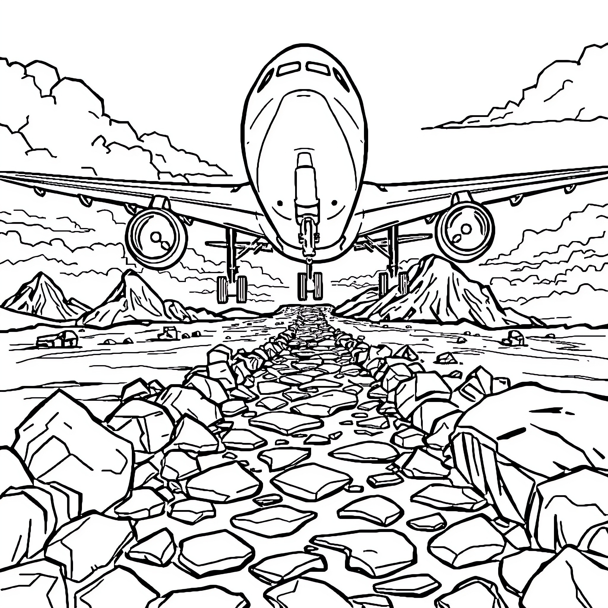 Plane taking off from rocky terrain Coloring Page (free black-and-white line drawing printable PDF for all, from beginners to advanced learners, including children, teens, adults, and seniors)