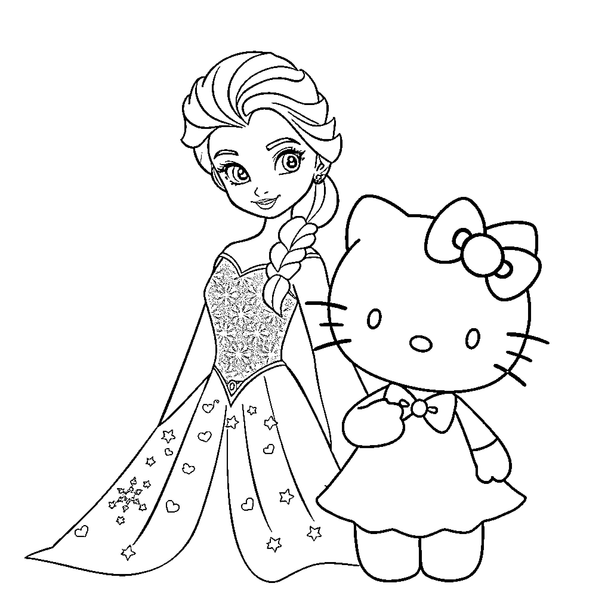 Elsa and Hello Kitty in Magical Adventure Coloring Page (free black-and-white line drawing printable PDF for all, from beginners to advanced learners, including children, teens, adults, and seniors)