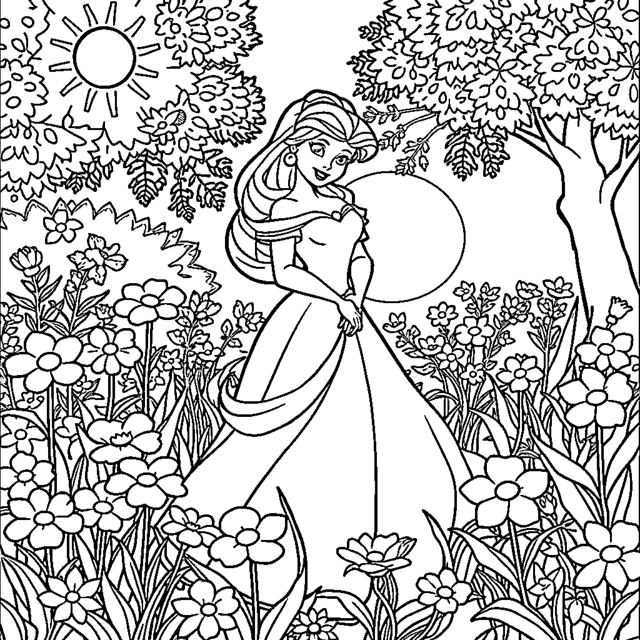 Belle surrounded by lush nature and flowers Coloring Page (free black-and-white line drawing printable PDF for all, from beginners to advanced learners, including children, teens, adults, and seniors)
