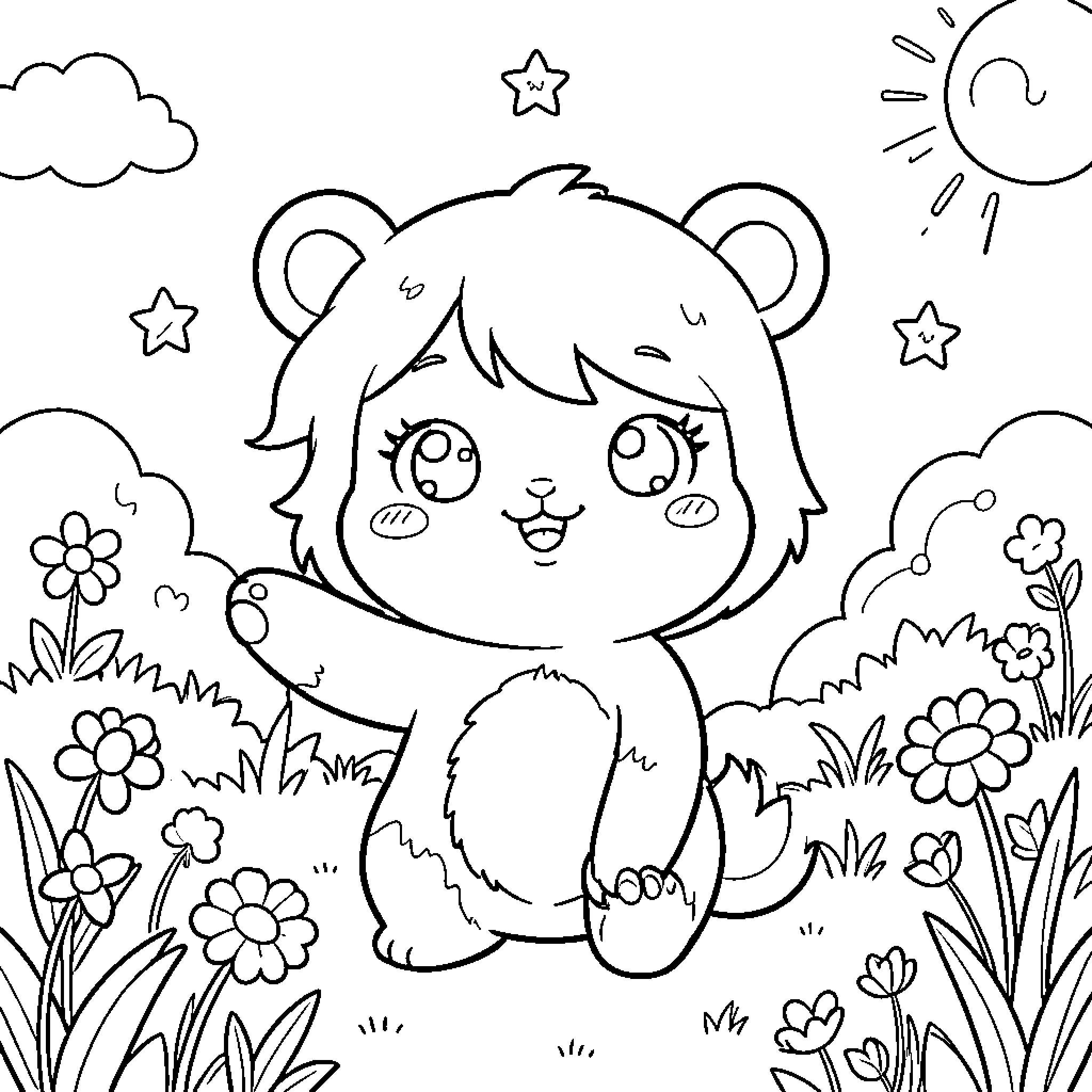 Cute little bear smiling in a flowery meadow Coloring Page (free black-and-white line drawing printable PDF for all, from beginners to advanced learners, including children, teens, adults, and seniors)