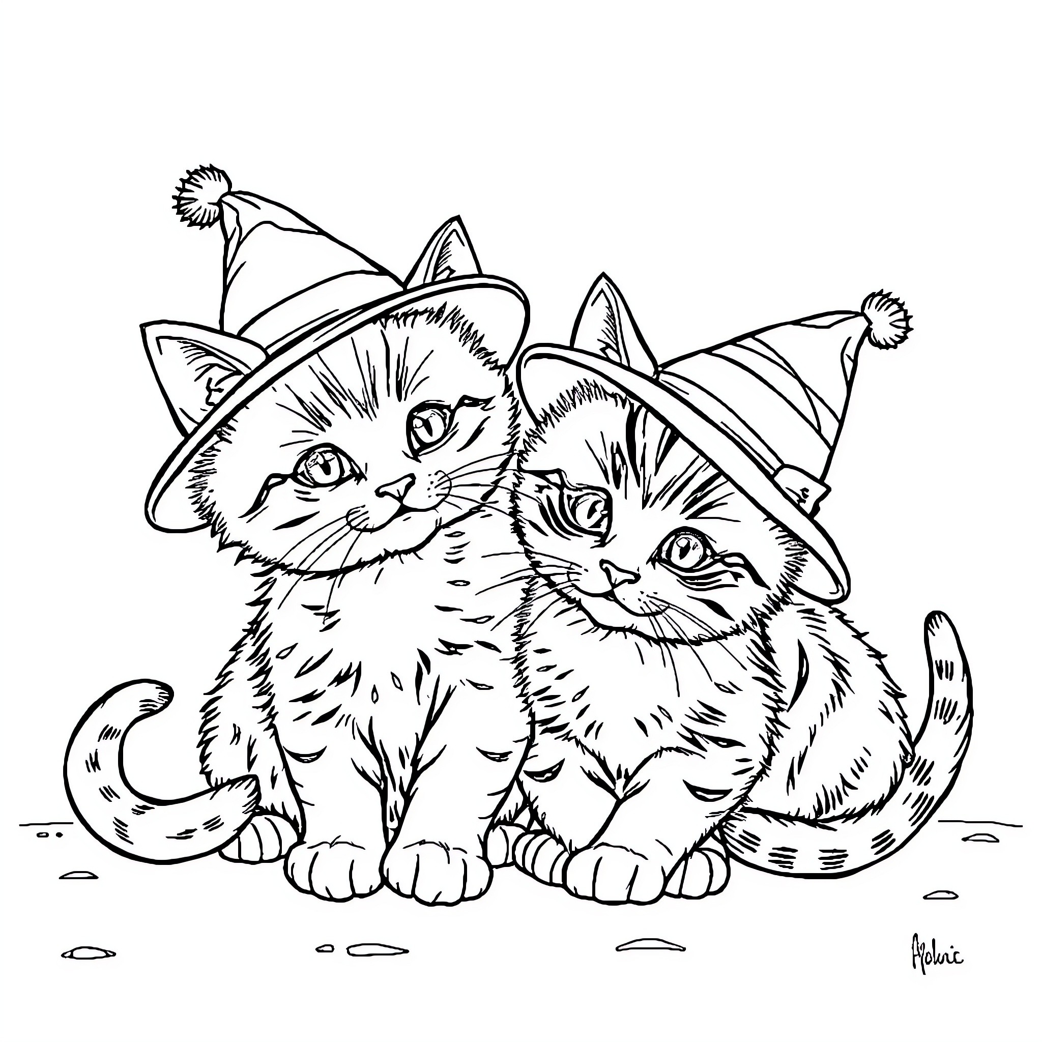 Kittens playing dress-up in whimsical hats Coloring Page (free black-and-white line drawing printable PDF for all, from beginners to advanced learners, including children, teens, adults, and seniors)