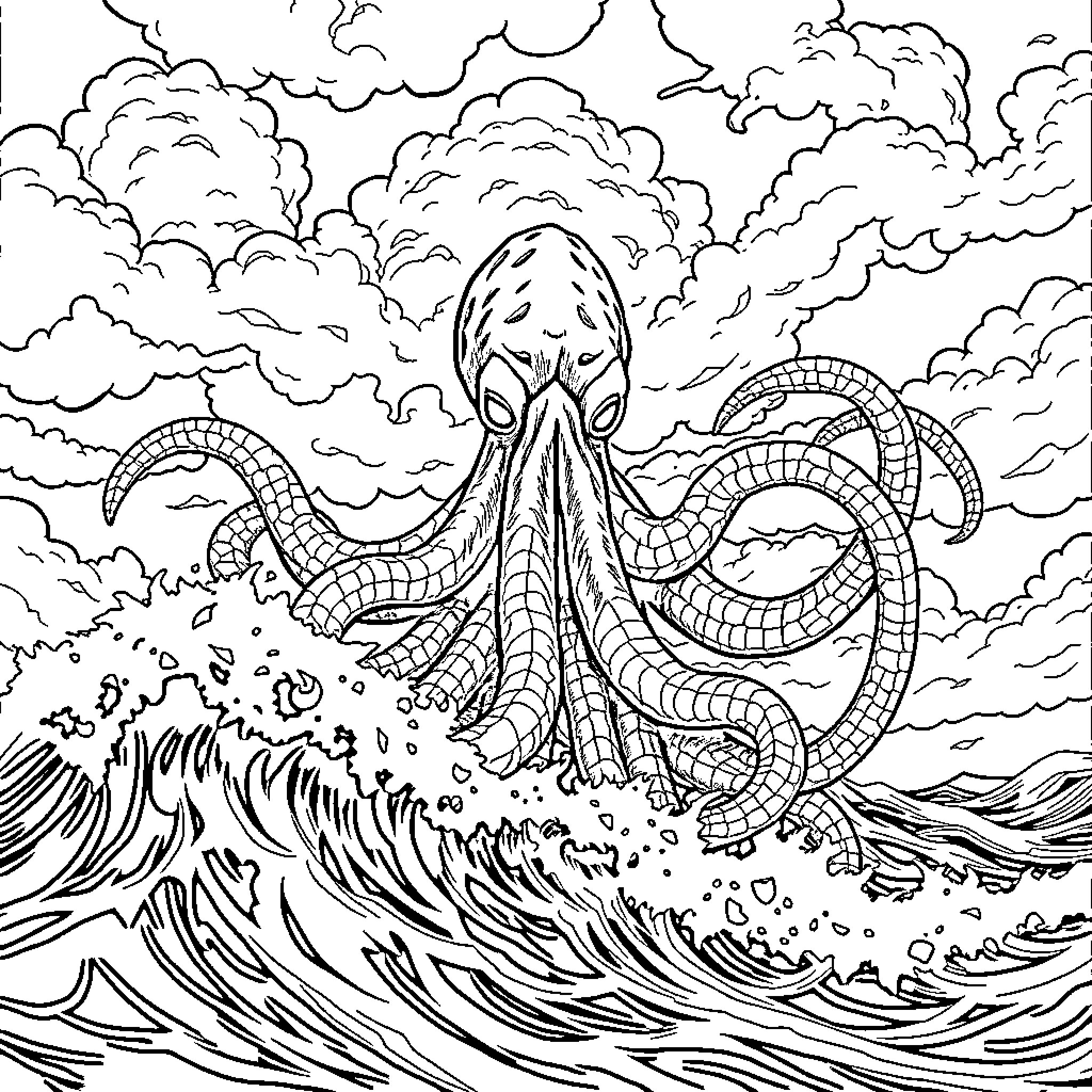 Cthulhu Emerging from the Stormy Depths Coloring Page (free black-and-white line drawing printable PDF for all, from beginners to advanced learners, including children, teens, adults, and seniors)