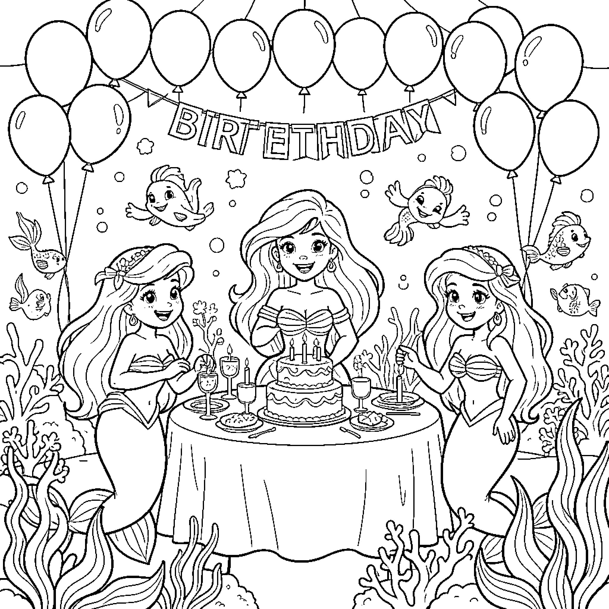 Mermaid Birthday Celebration with Balloons and Underwater Friends Coloring Page (free black-and-white line drawing printable PDF for all, from beginners to advanced learners, including children, teens, adults, and seniors)