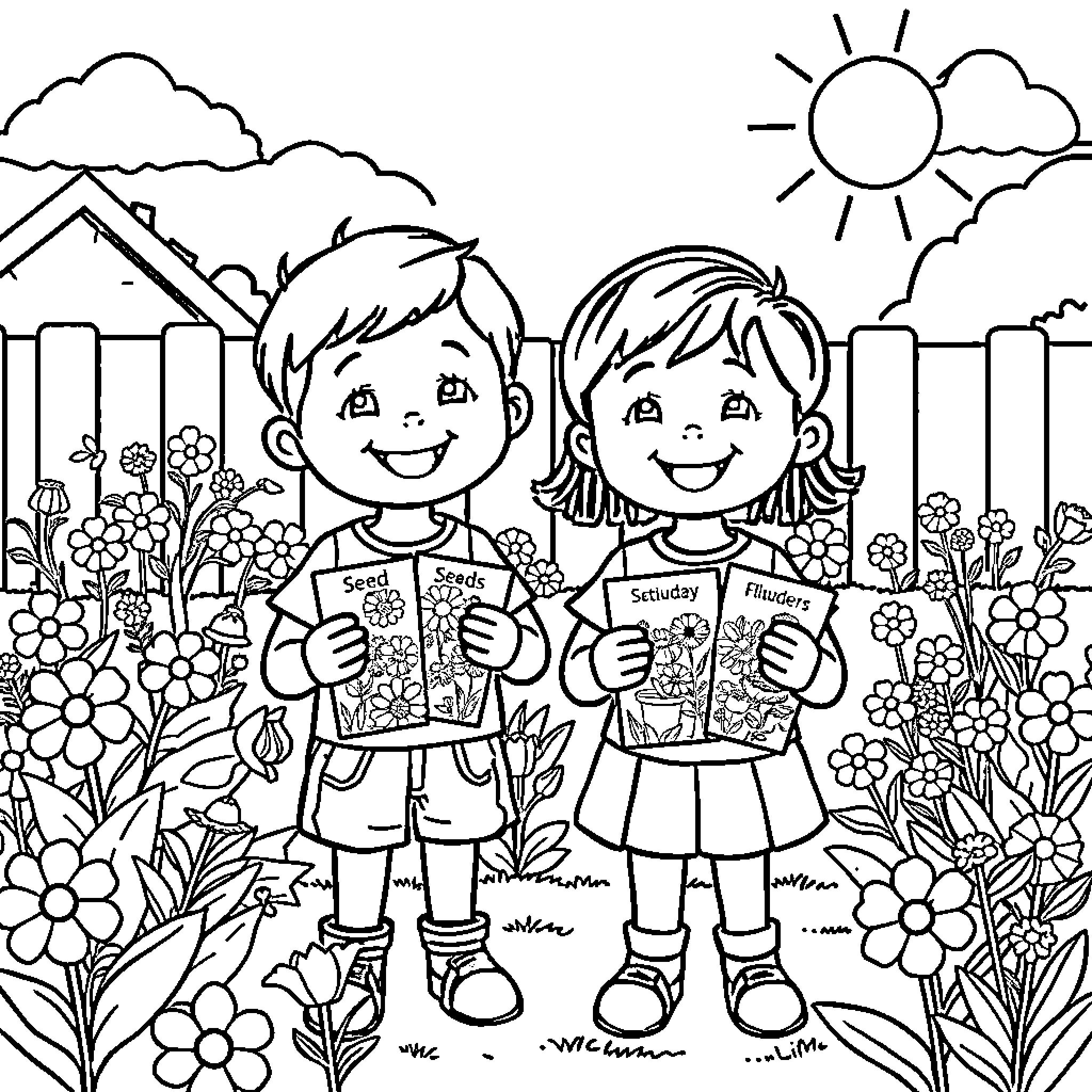 Child siblings playing in a garden Coloring Page (free black-and-white line drawing printable PDF for all, from beginners to advanced learners, including children, teens, adults, and seniors)